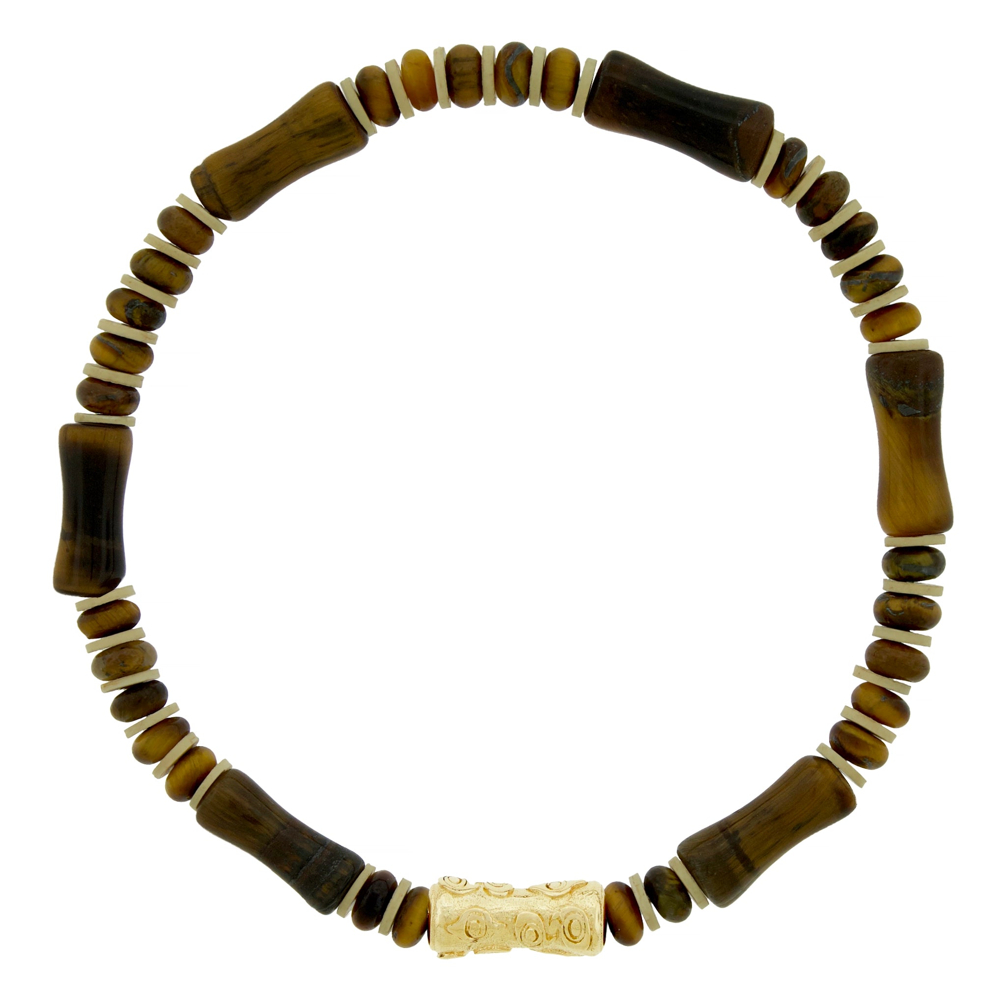LUIS MORAIS 14k yellow gold sheath tube with relief pattern on a gemstone beaded bracelet.