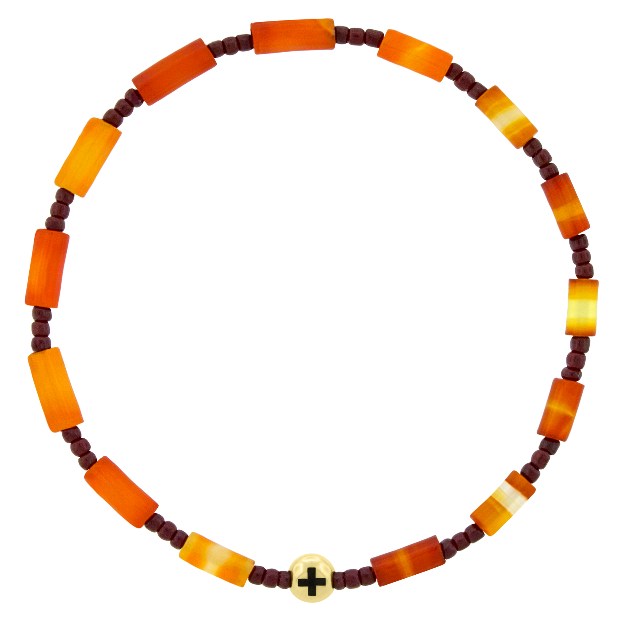 LUIS MORAIS 14k yellow gold ball with an antiqued symbol on a gemstone and glass beaded bracelet.