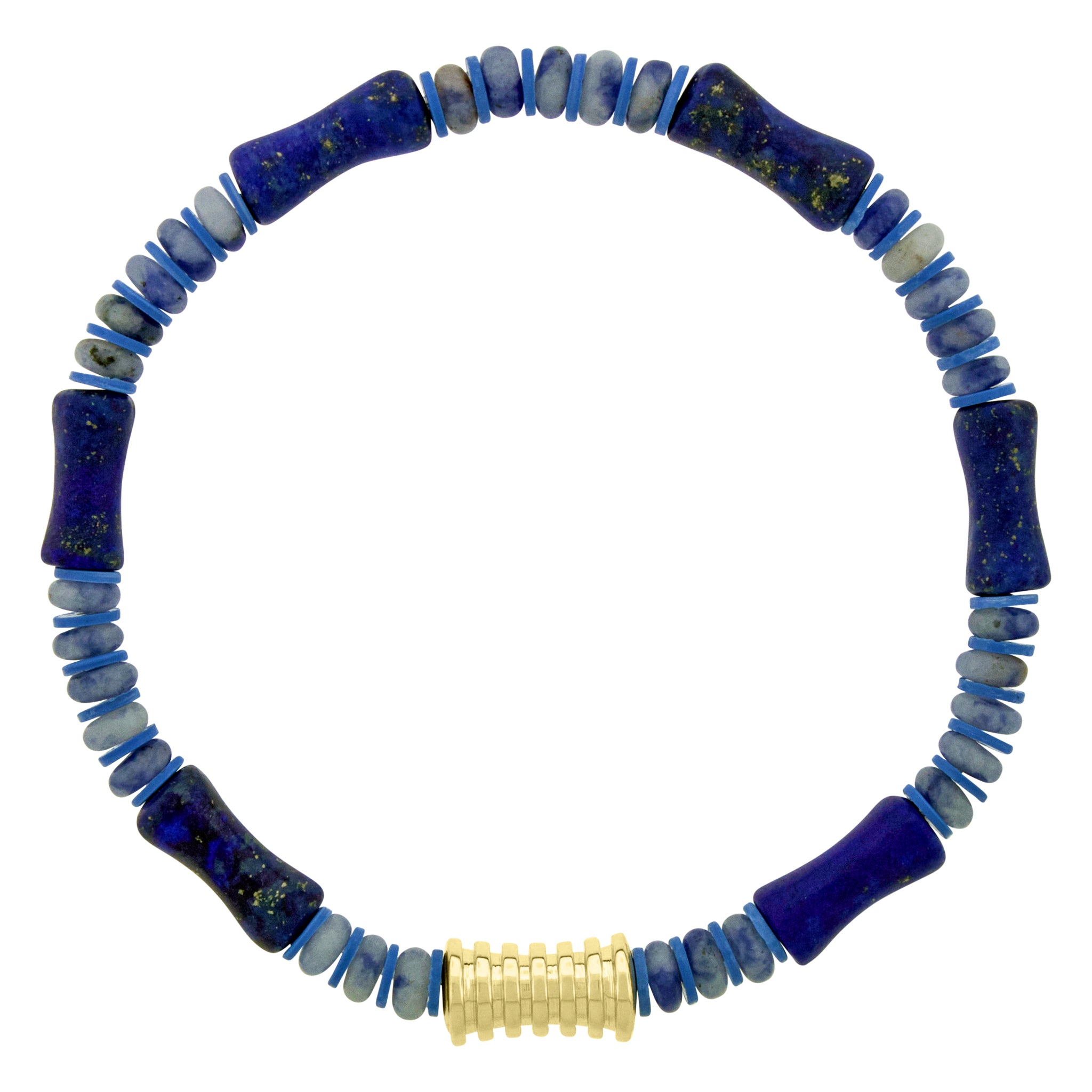 Bracelet with blue and gray beads and a gold accent on a white background