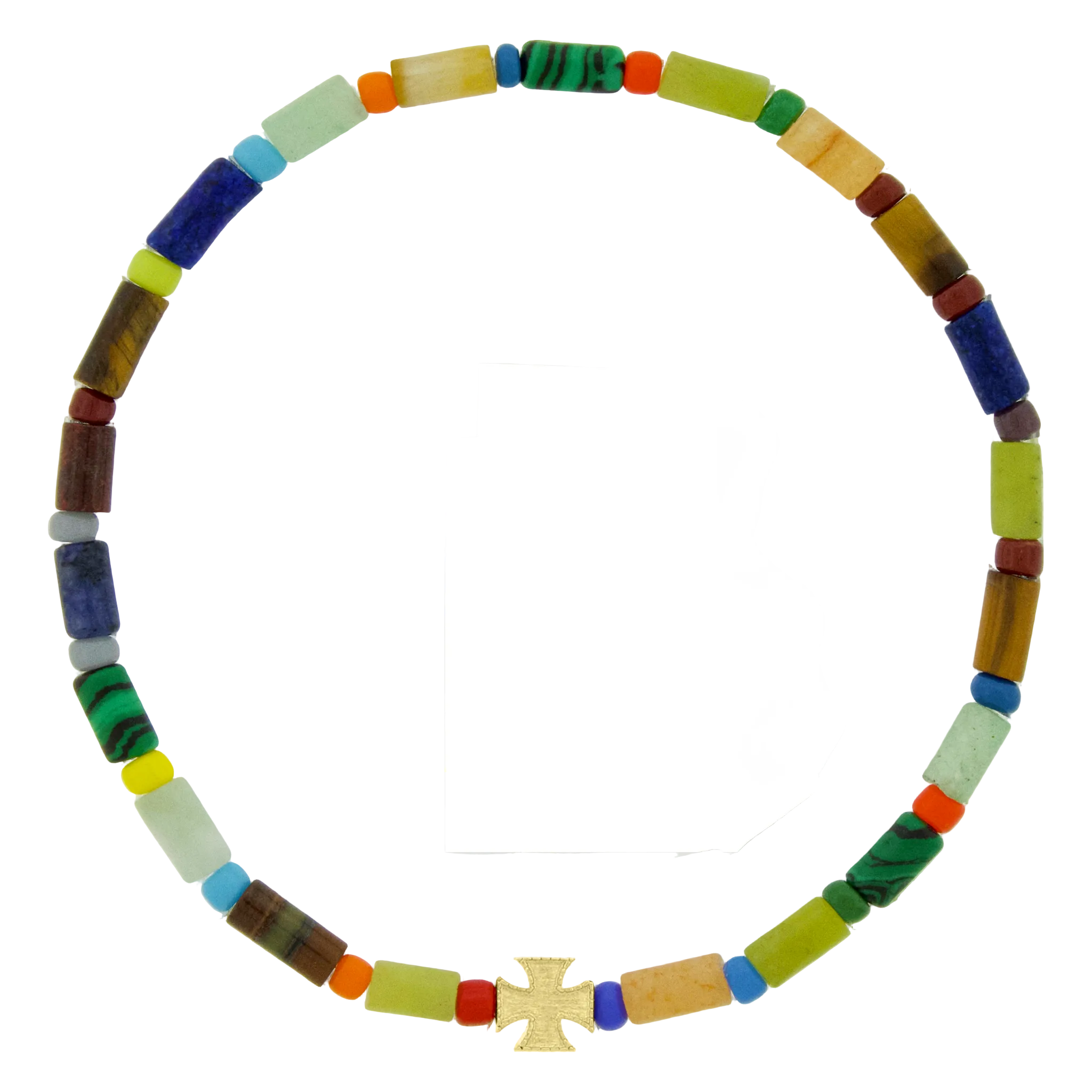 LUIS MORAIS 14k yellow gold Maltese cross on a gemstone and glass bead bracelet.