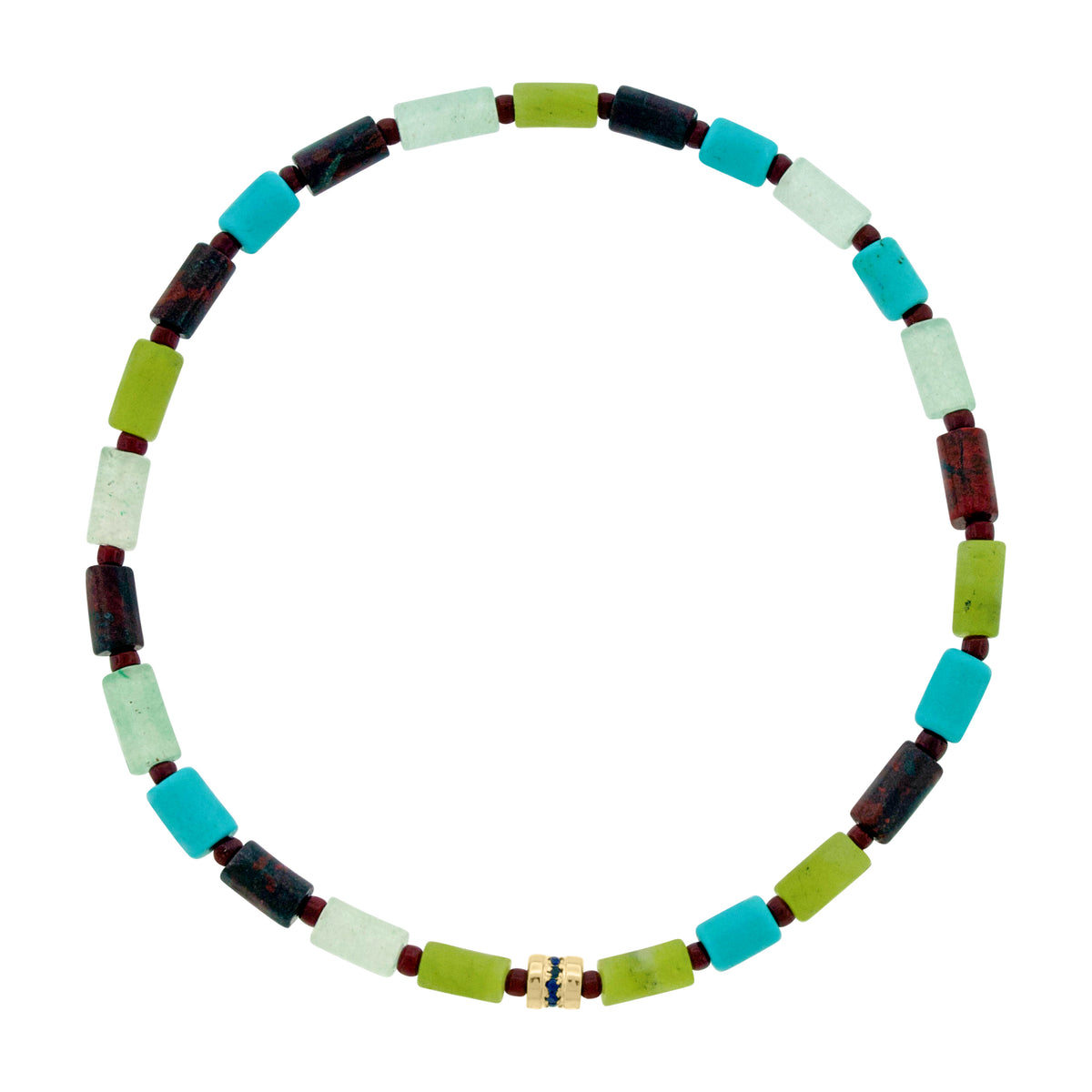 LUIS MORAIS 14K yellow gold short roll with a line of blue sapphires on a gemstone beaded bracelet. A versatile piece that pairs easily with other styles and is ideal for adding to your stack.