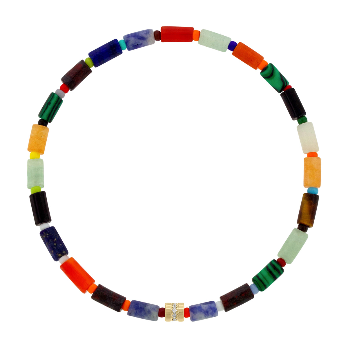 LUIS MORAIS 14K yellow gold short roll with a line of white diamond on a gemstone and glass beaded bracelet. A versatile piece that pairs easily with other styles and is ideal for adding to your stack.