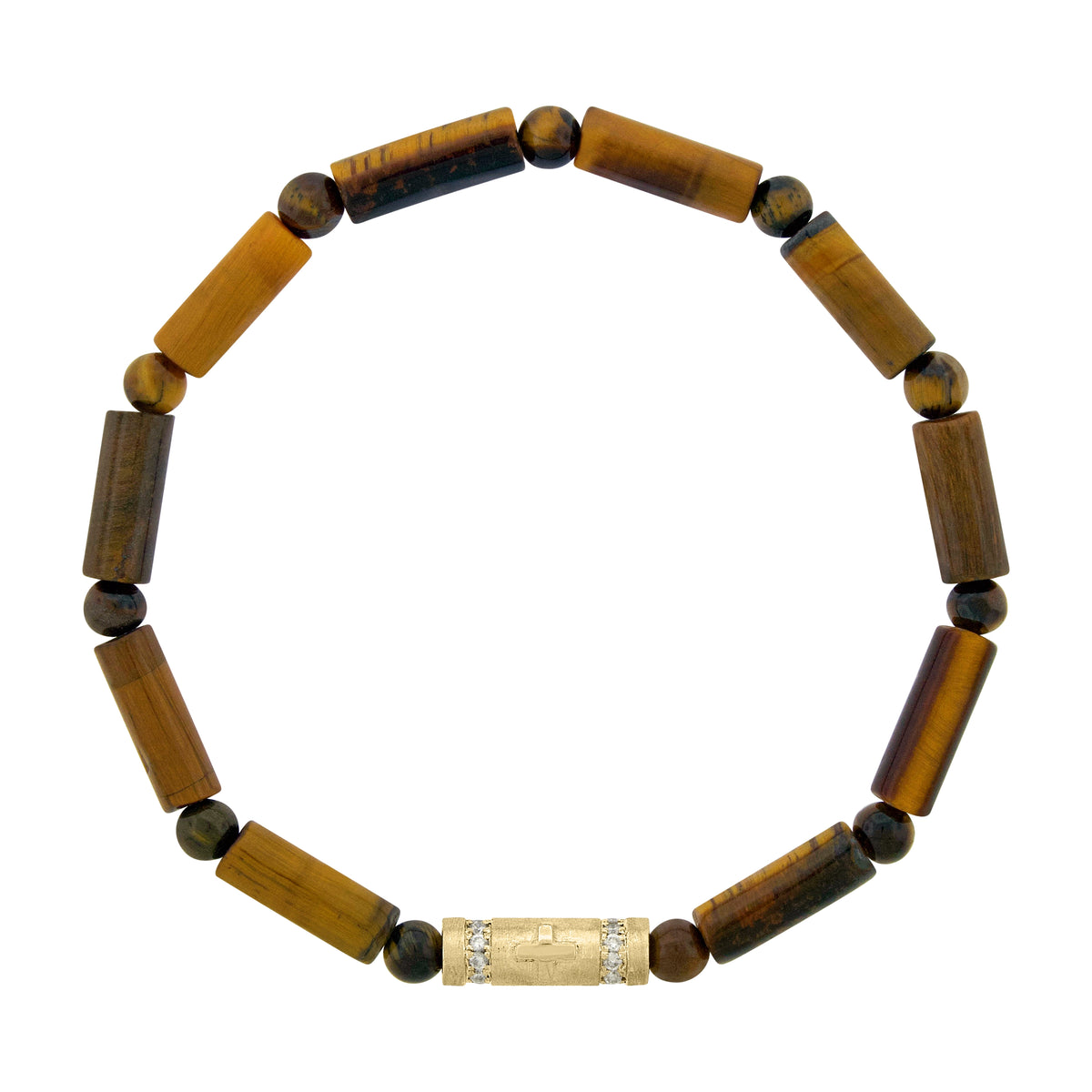 LUIS MORAIS 14k yellow gold tube with cross relief symbol and two channels of white diamonds on a gemstone beaded bracelet.