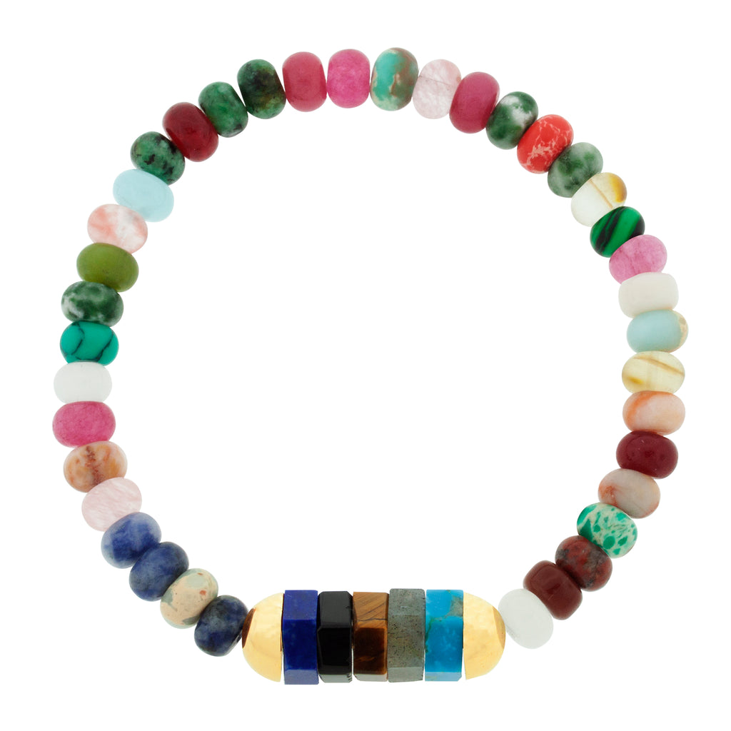 LUIS MORAIS 14k yellow gold cap ends with turquoise, labradorite, tiger's eye, onyx, and lapis hexagon gemstones on a multicolored agate gemstone beaded bracelet.