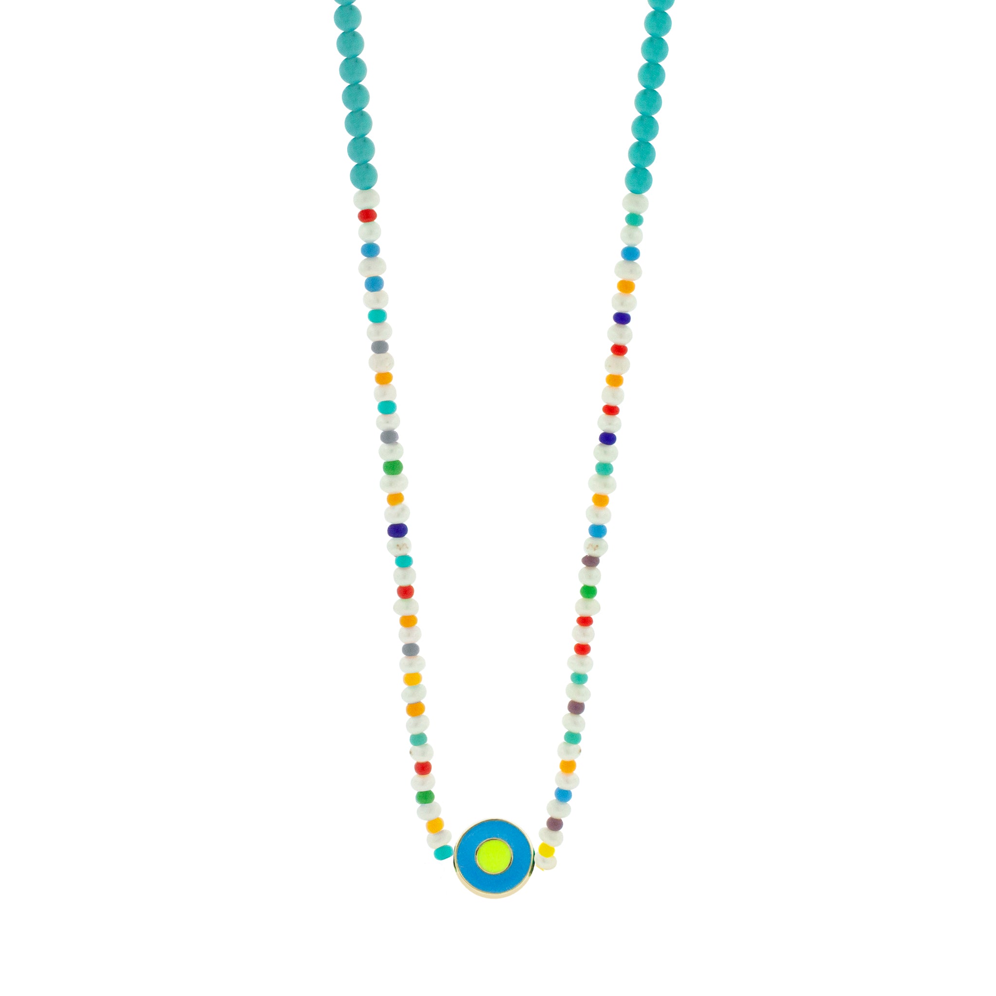 LUIS MORAIS 14k yellow gold small disk with a recessed double-enameled evil eye on a pearl, Turquoise, and glass beaded necklace. Lobster clasp closure. Length: 20 in. Main gemstone: Turquoise