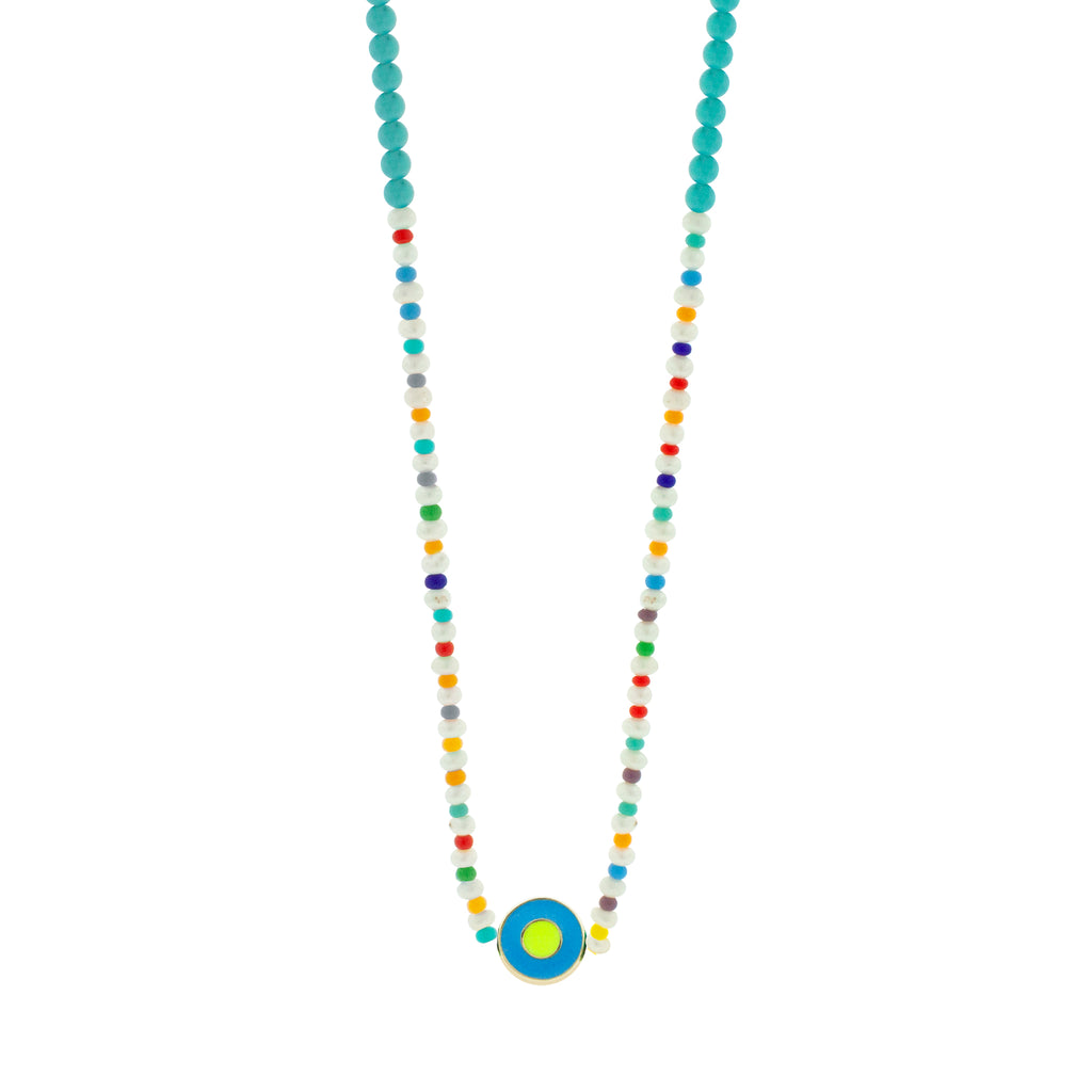 LUIS MORAIS 14k yellow gold small disk with a recessed double-enameled evil eye on a pearl, Turquoise, and glass beaded necklace. Lobster clasp closure.  Length: 20 in.  Main gemstone: Turquoise