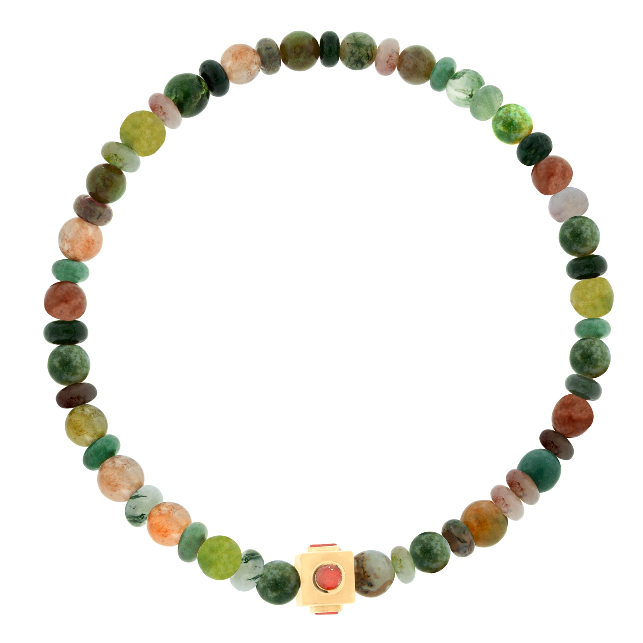 LUIS MORAIS 14k yellow gold small Lego cube (5mm) inlaid with four Coral sides on an Indian Agate beaded bracelet.