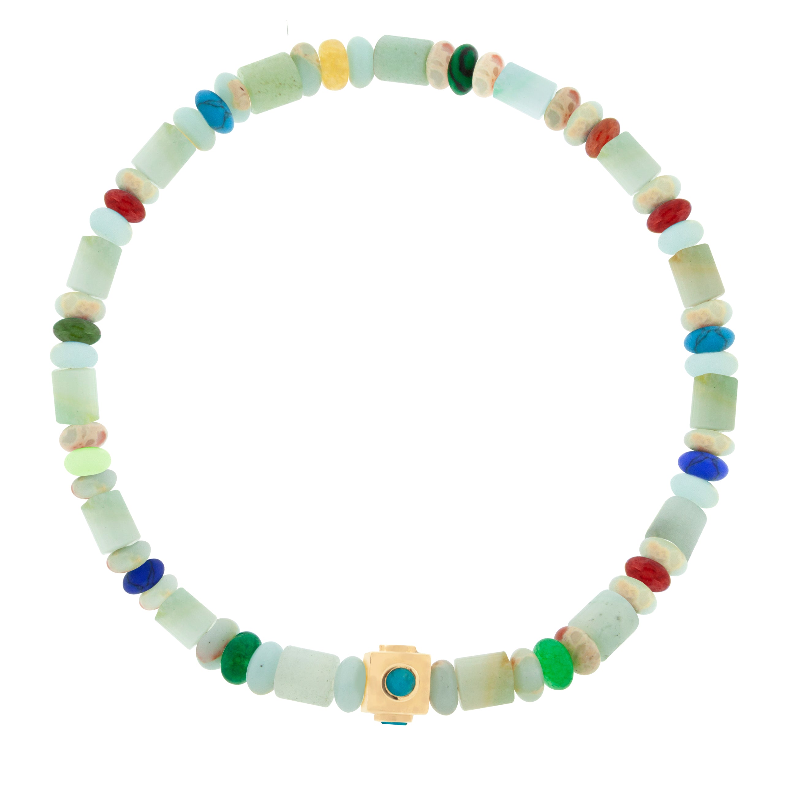LUIS MORAIS 14k yellow gold small Lego cube (5mm) inlaid with four Turquoise gemstone sides on a gemstone beaded bracelet. *If you require a size that is not available in the options provided, please indicate your preferred size in the designated text box during checkout.