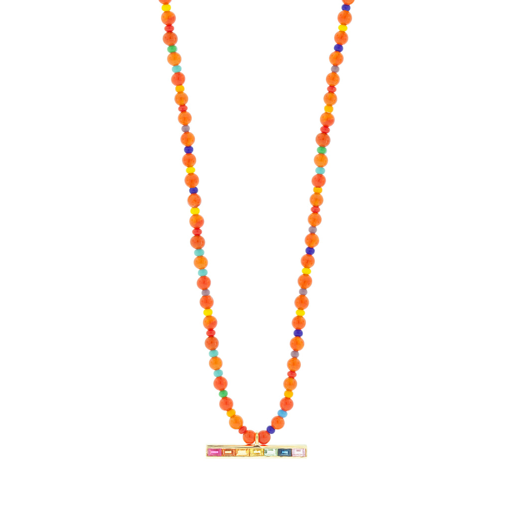 LUIS MORAIS 14k yellow gold medium link ID bar with rainbow sapphire baguettes on a Carnelian and glass beaded necklace. Lobster clasp closure.