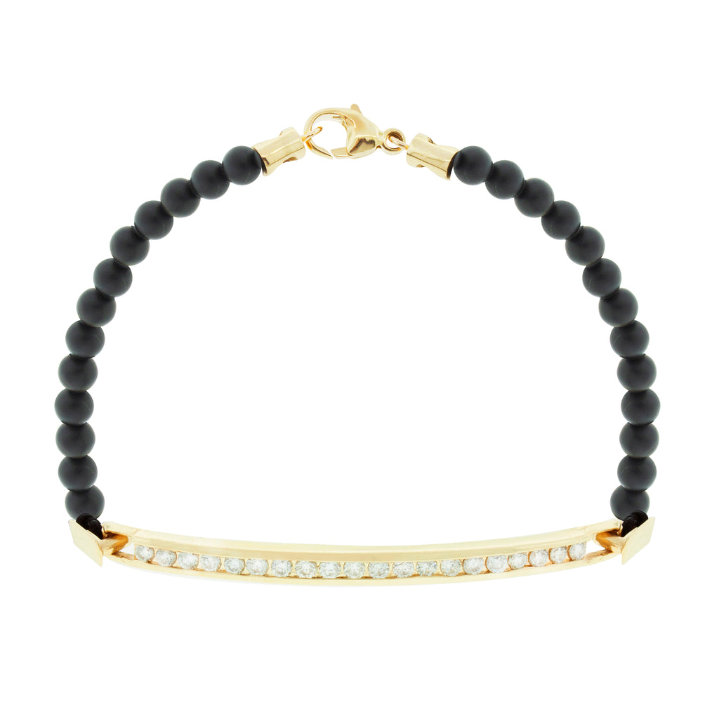LUIS MORAIS 14K gold large link ID bar with round white diamonds on an Onyx gemstone beaded bracelet. 14k yellow gold lobster clasp closure.     *If you require a size that is not available in the options provided, please indicate your preferred size in the designated text box duri