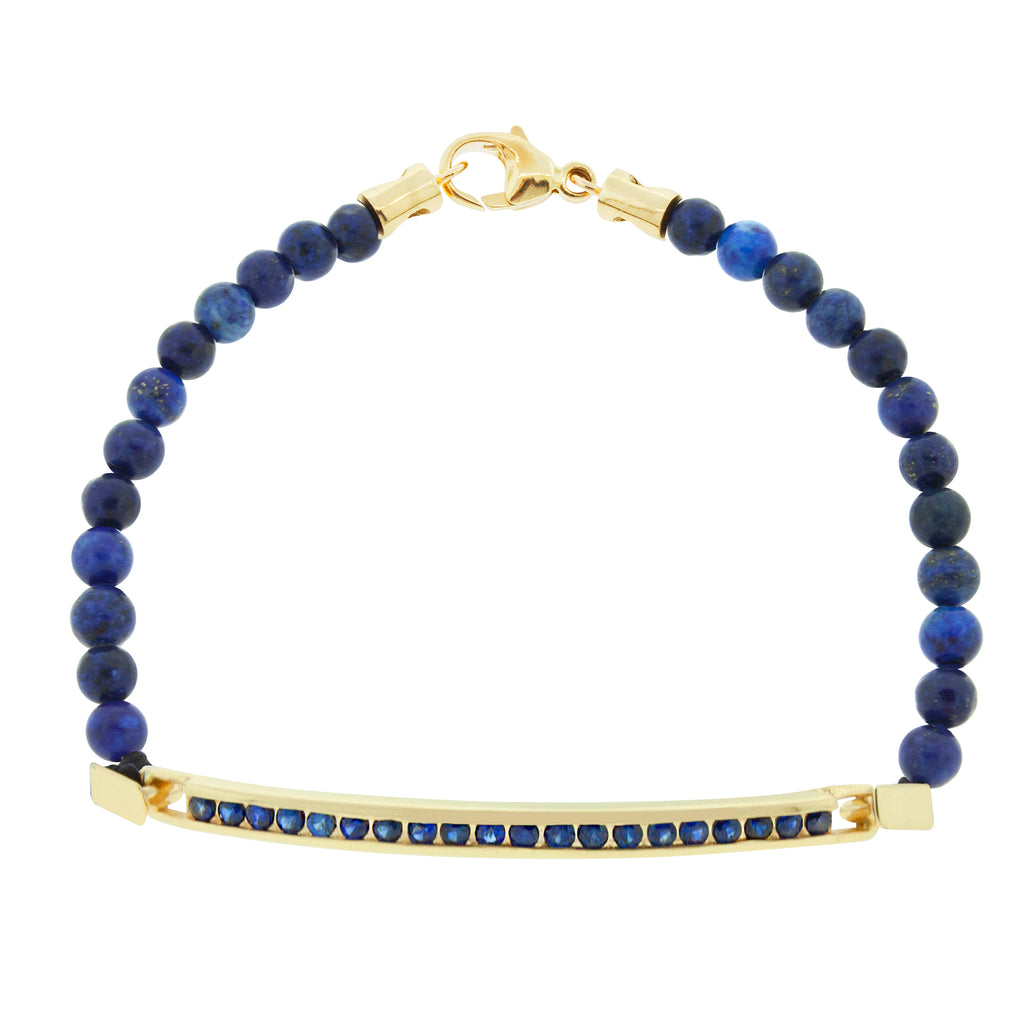 LUIS MORAIS 14K gold large link ID bar with round blue sapphire on a lapis gemstone beaded bracelet. 14k yellow gold lobster clasp closure.