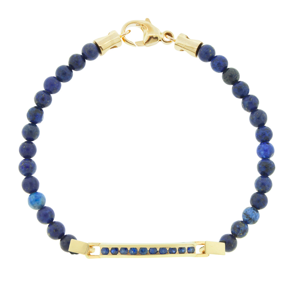 LUIS MORAIS 14K gold medium link ID bar with round blue sapphires gemstones on an Lapis beaded bracelet. 14k yellow gold lobster clasp closure.
