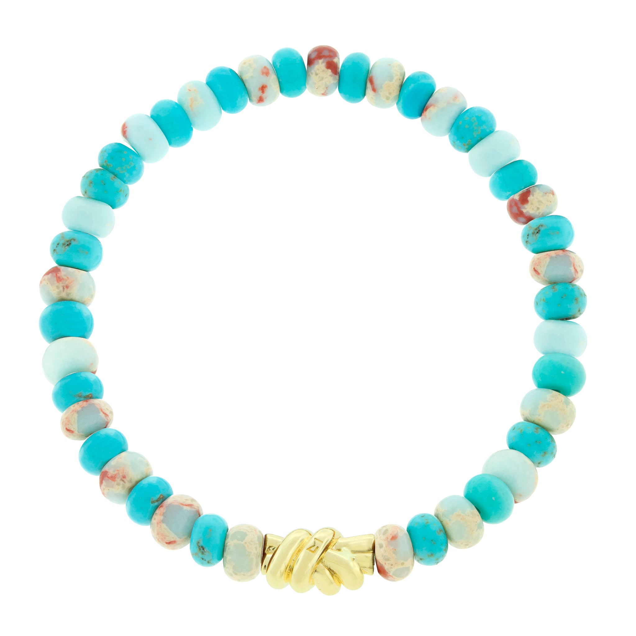 <p> <span style="font-size: 0.875rem;">LUIS MORAIS 14k yellow gold double knot on a gemstone beaded bracelet.</span></p> <ul> <li></li> </ul>