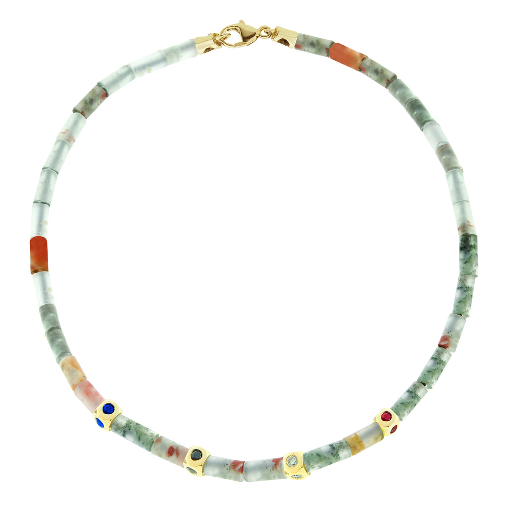 <p>LUIS MORAIS four mini Tetras with four sides of multicolor sapphires on a gemstone tube beaded bracelet with a 14k yellow gold clasp.</p> <ul> <li></li> </ul>