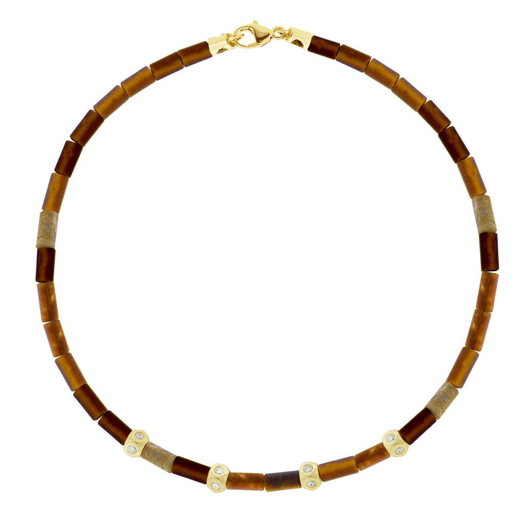 LUIS MORAIS four mini Tetras with four sides of white diamonds on a gemstone tube beaded bracelet with a 14k yellow gold clasp.