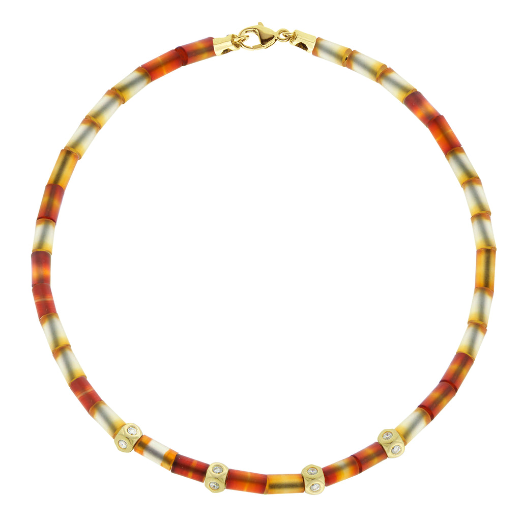 LUIS MORAIS four mini Tetras with four sides of white diamonds on a gemstone tube beaded bracelet with a 14k yellow gold clasp.