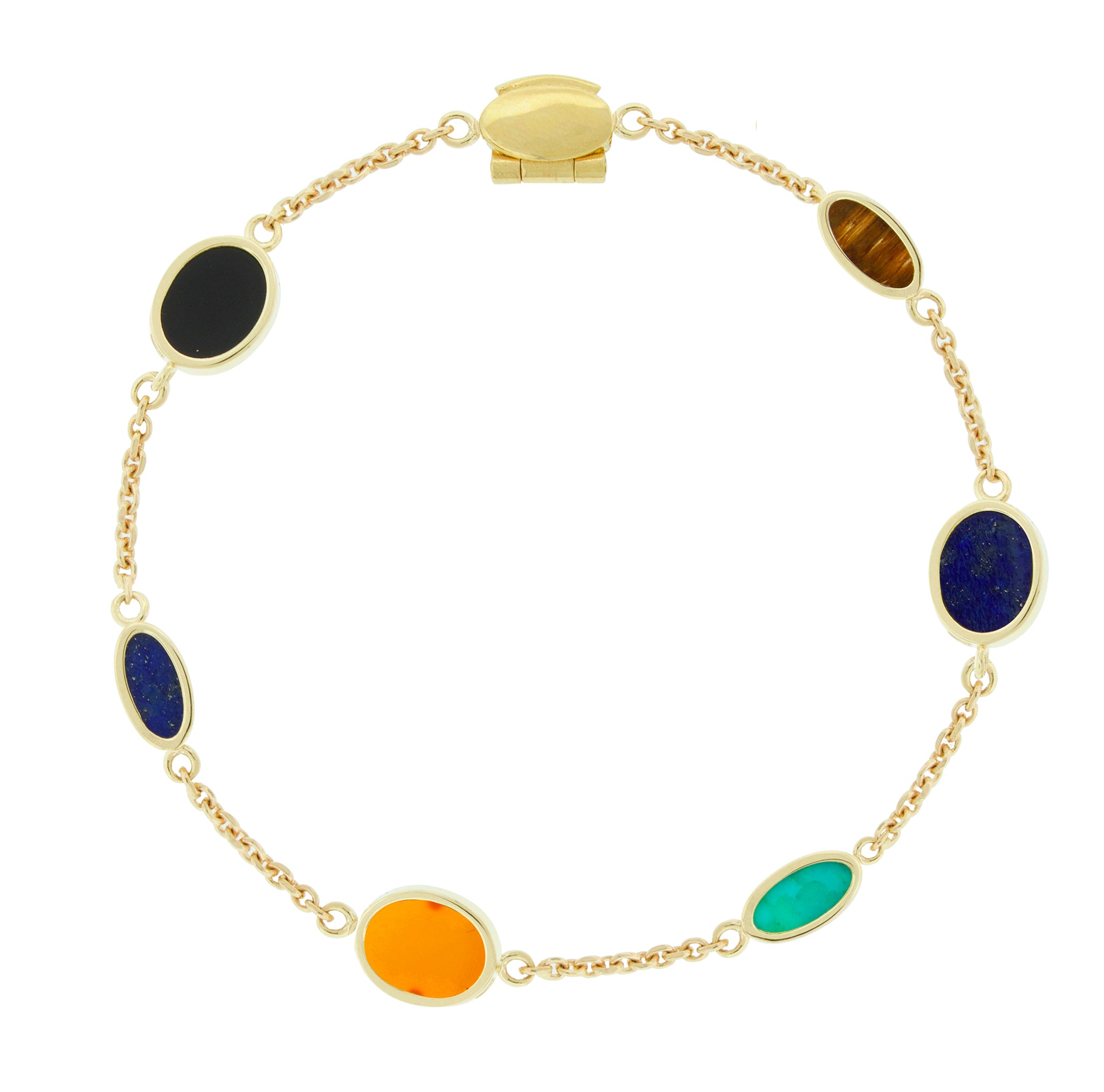 LUIS MORAIS 14k yellow gold chain bracelet with oval gemstones. Our unique clamshell clasp closure provides added security with its sleek design.