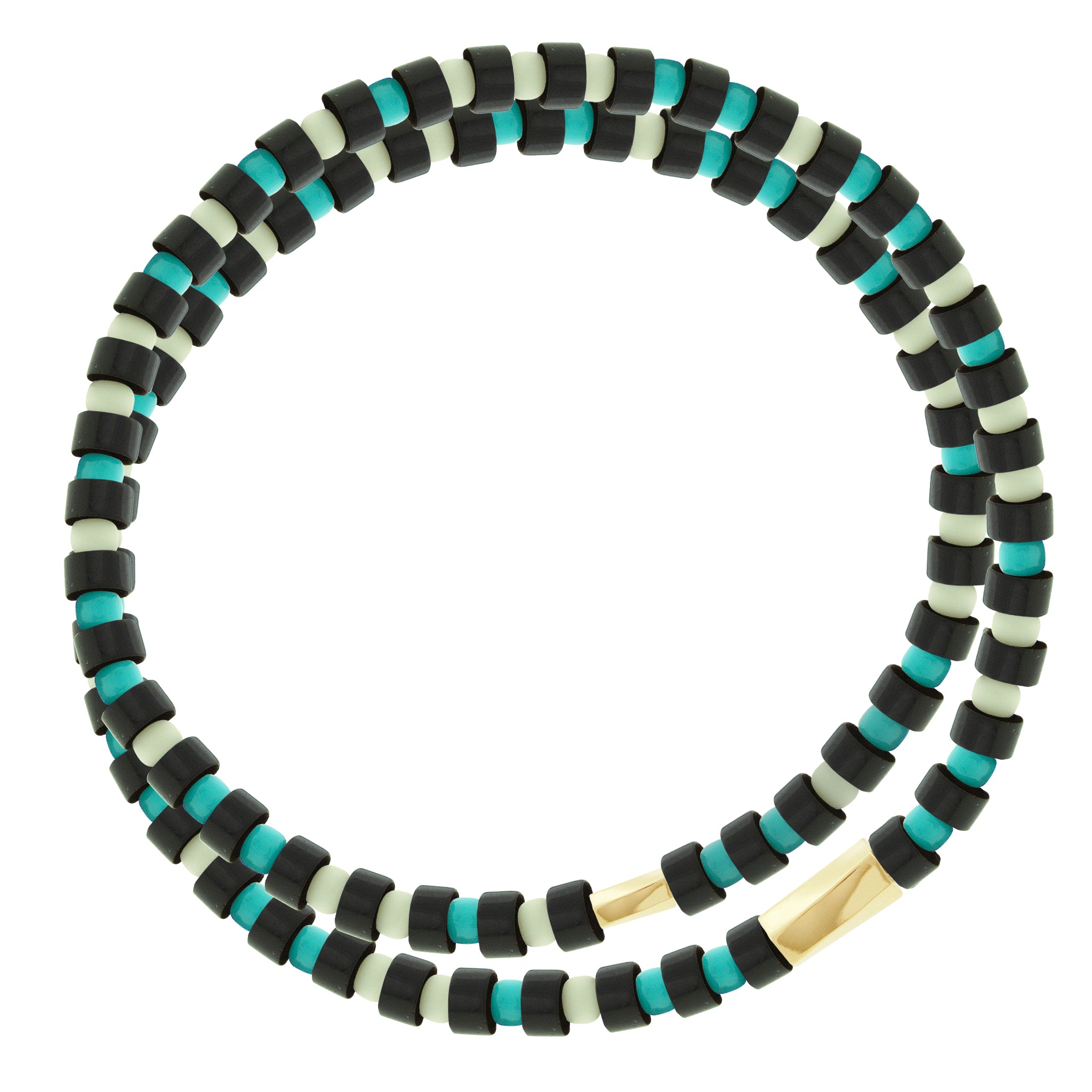 LUIS MORAIS 14k yellow gold large and small twisted hexagon tubes on a double wrap gemstone and glass beaded bracelet.