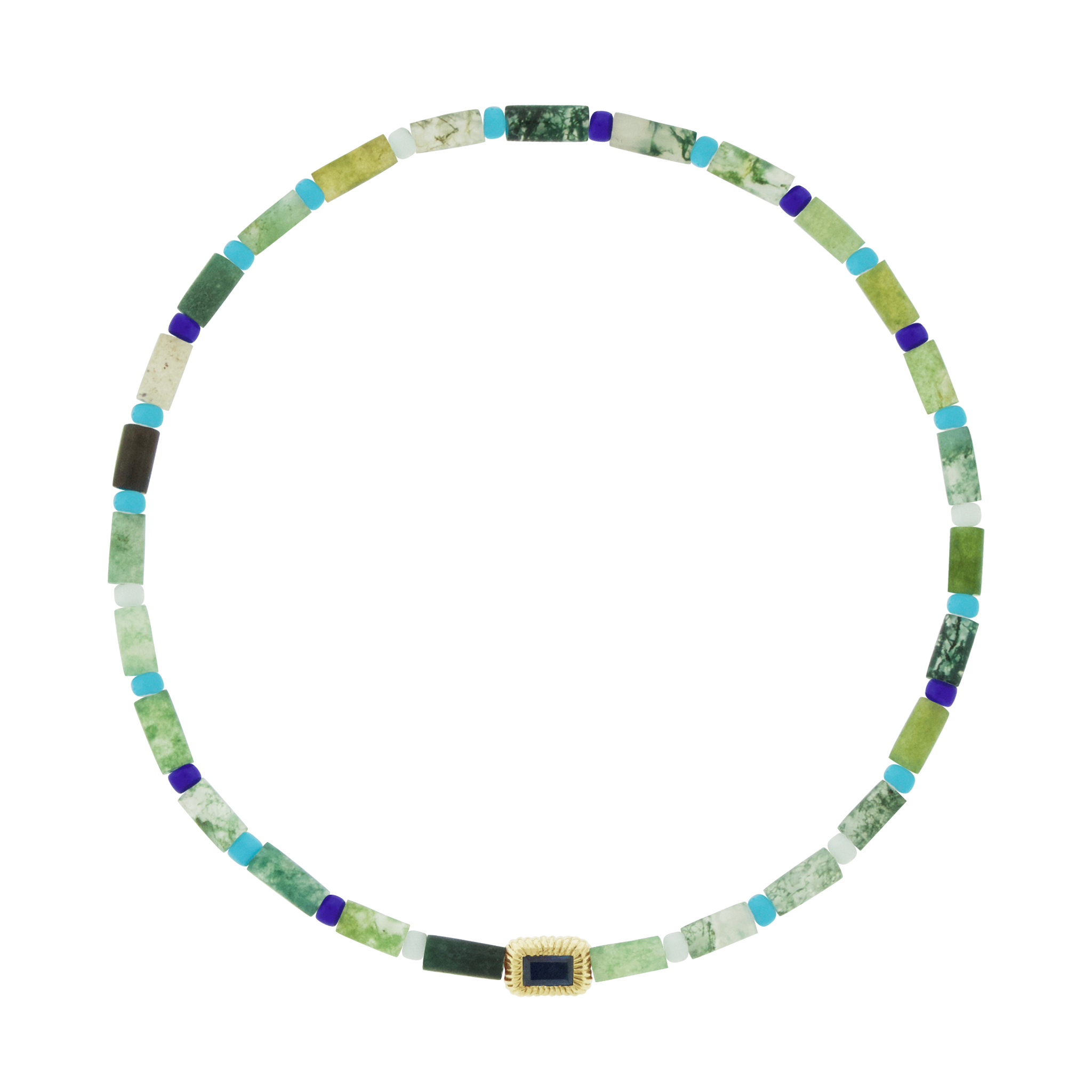 LUIS MORAIS 14k yellow gold small corrugated ingot with a blue sapphire baguette on a gemstone and glass beaded bracelet