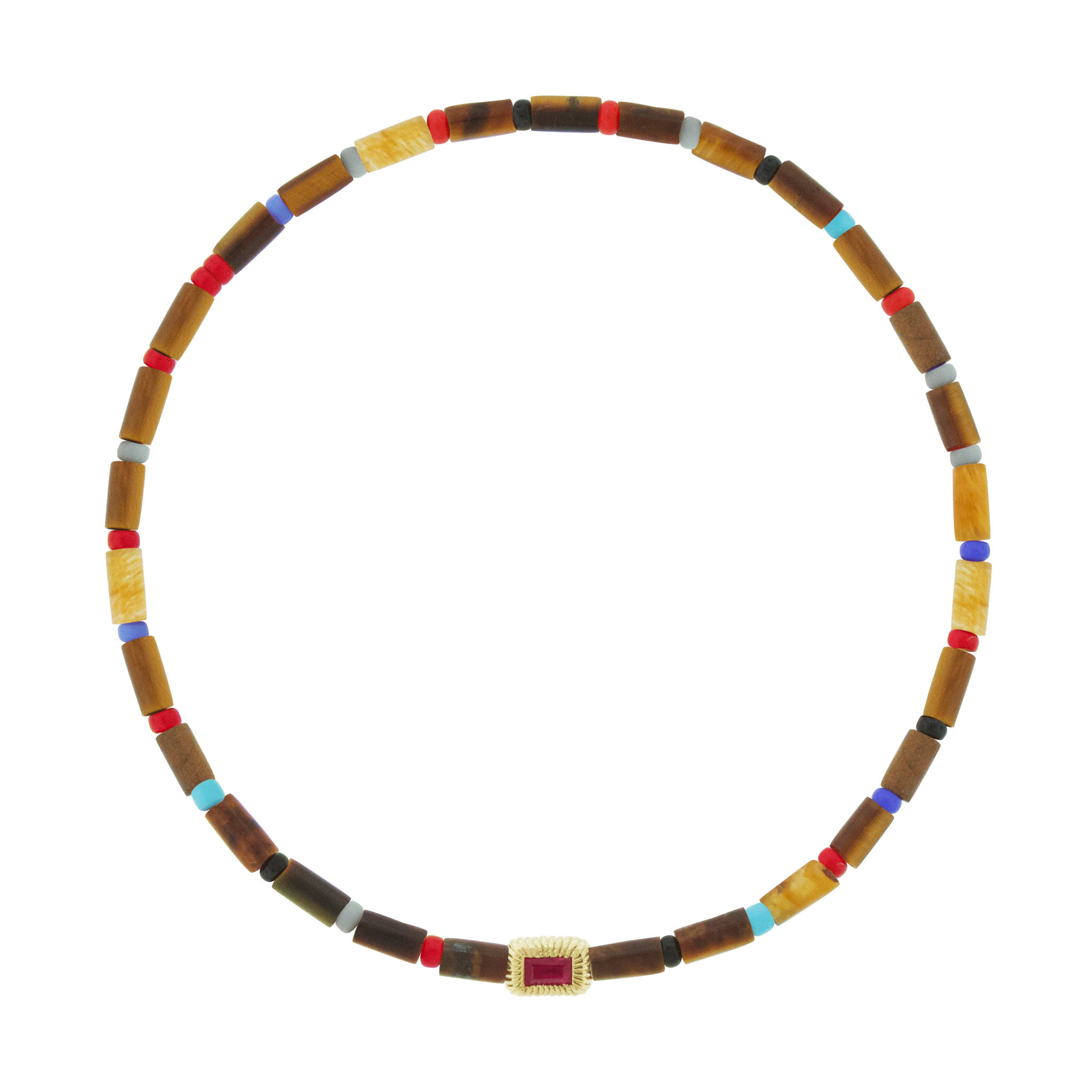 LUIS MORAIS 14k yellow gold small corrugated ingot with a ruby baguette on a gemstone and glass beaded bracelet.