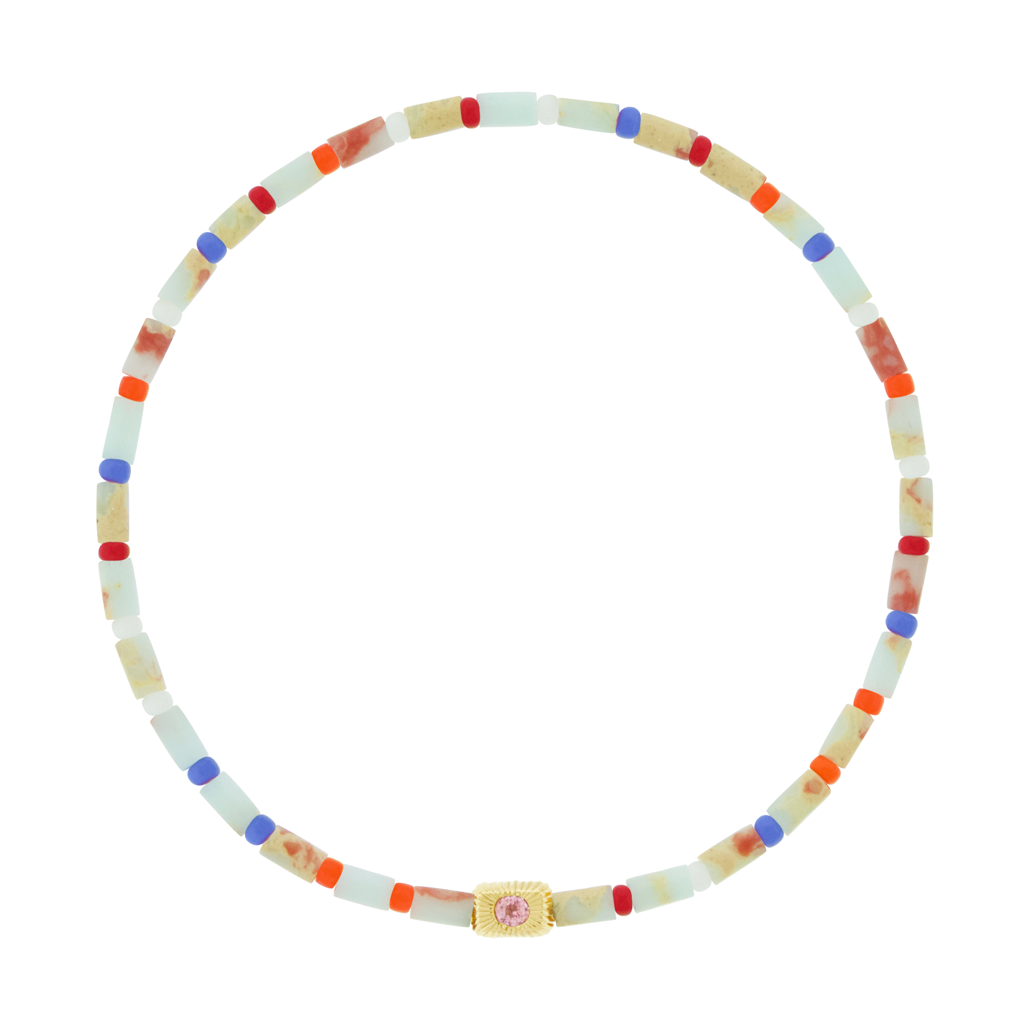 LUIS MORAIS 14k yellow gold small corrugated ingot with a pink sapphire on a gemstone and glass beaded bracelet