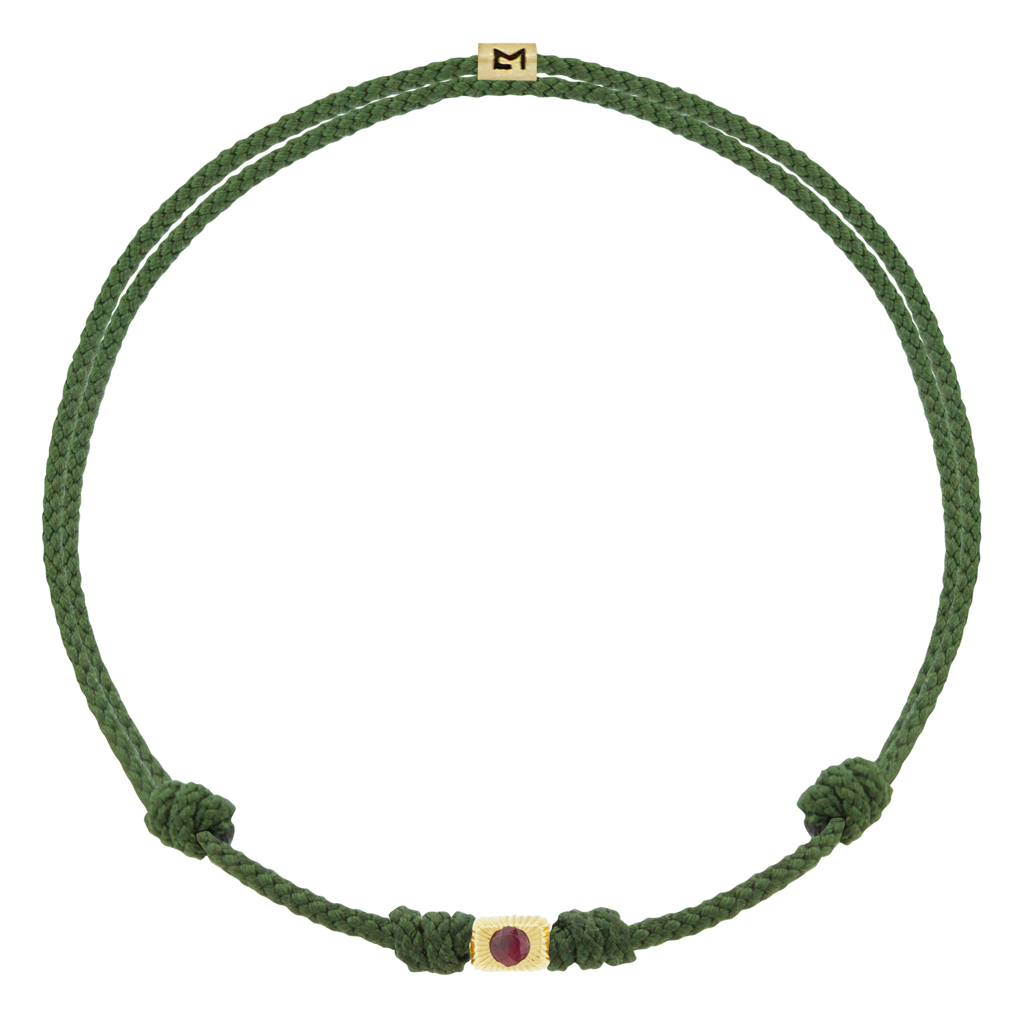 LUIS MORAIS 14k yellow gold small corrugated ingot with a ruby on a cord bracelet. Adjustable.