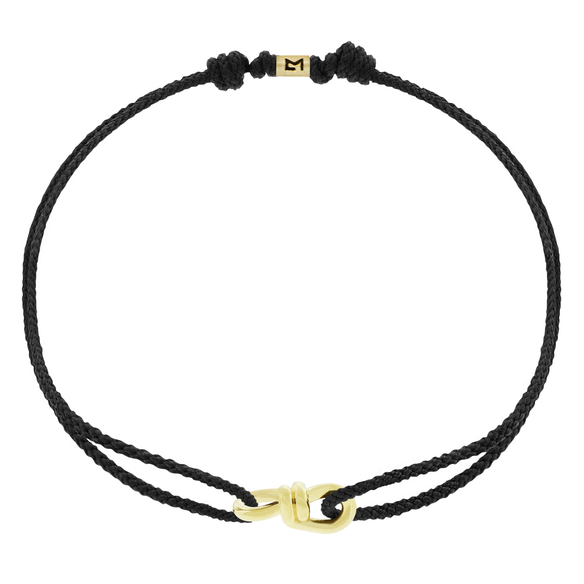 A small twisted gold wire knot on a black cord bracelet with a polished finish, featuring an adjustable clasp.