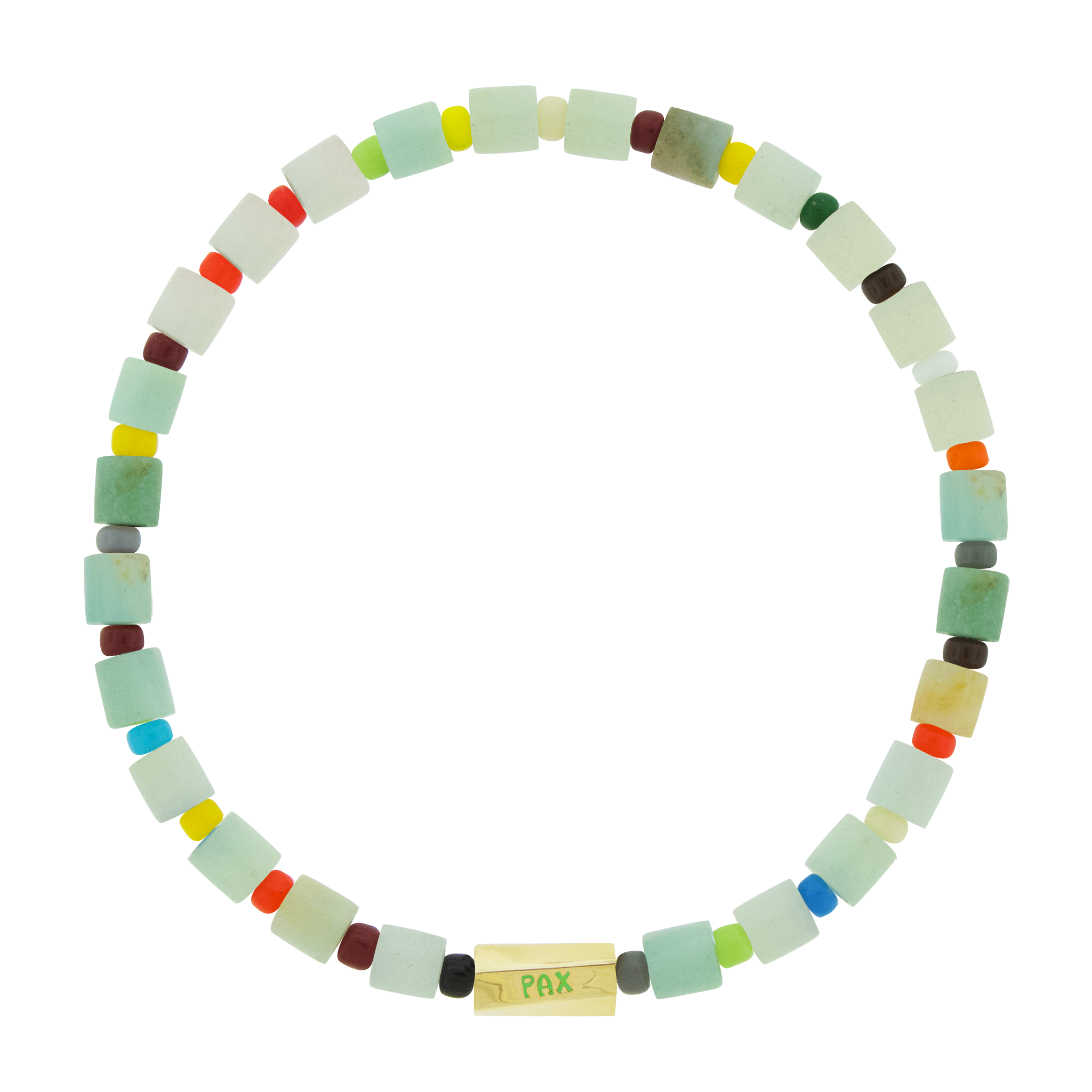 LUIS MORAIS 14k yellow gold large twisted hexagon with multicolor enameled words on a gemstone and glass beaded bracelet.