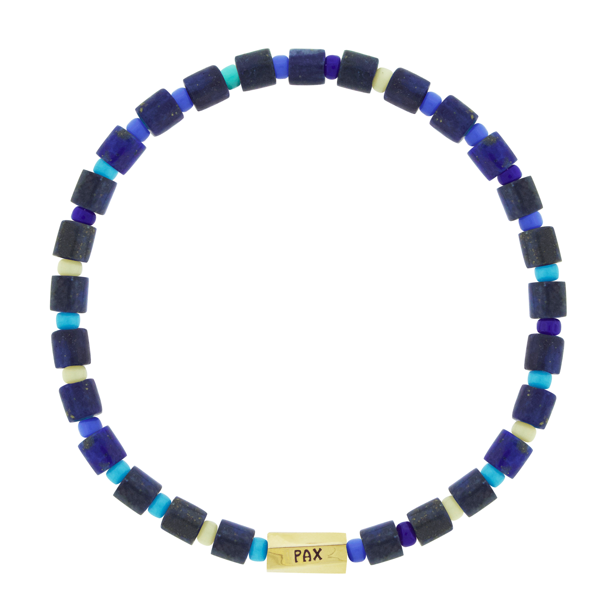 LUIS MORAIS 14k yellow gold large twisted hexagon with navy enameled words on a gemstone and glass beaded bracelet. Engraved with the word "pax" which means peace in Latin.