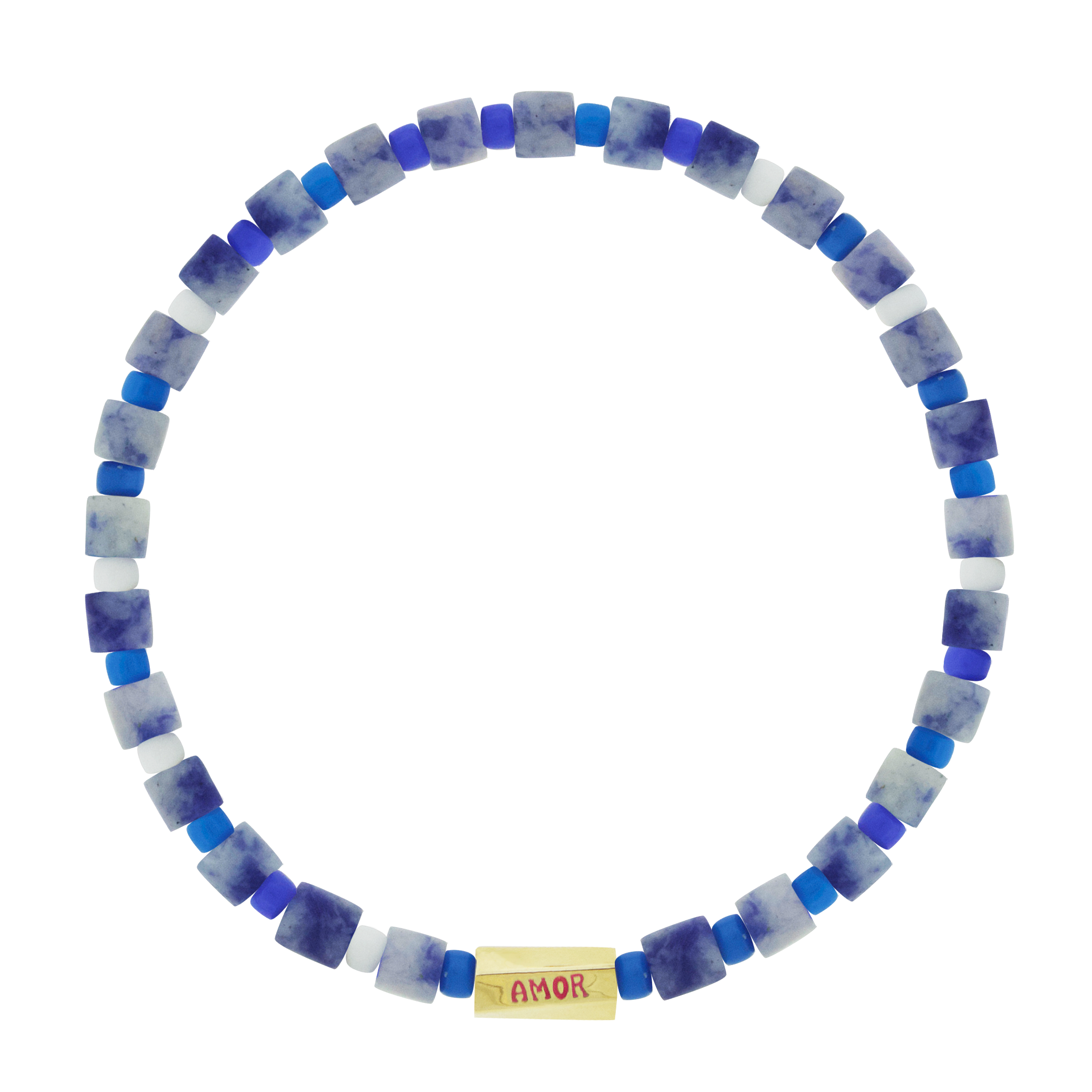 LUIS MORAIS 14k yellow gold large twisted hexagon with multicolor enameled words on a gemstone and glass beaded bracelet. Engraved in the word "amore" which means love in Latin.