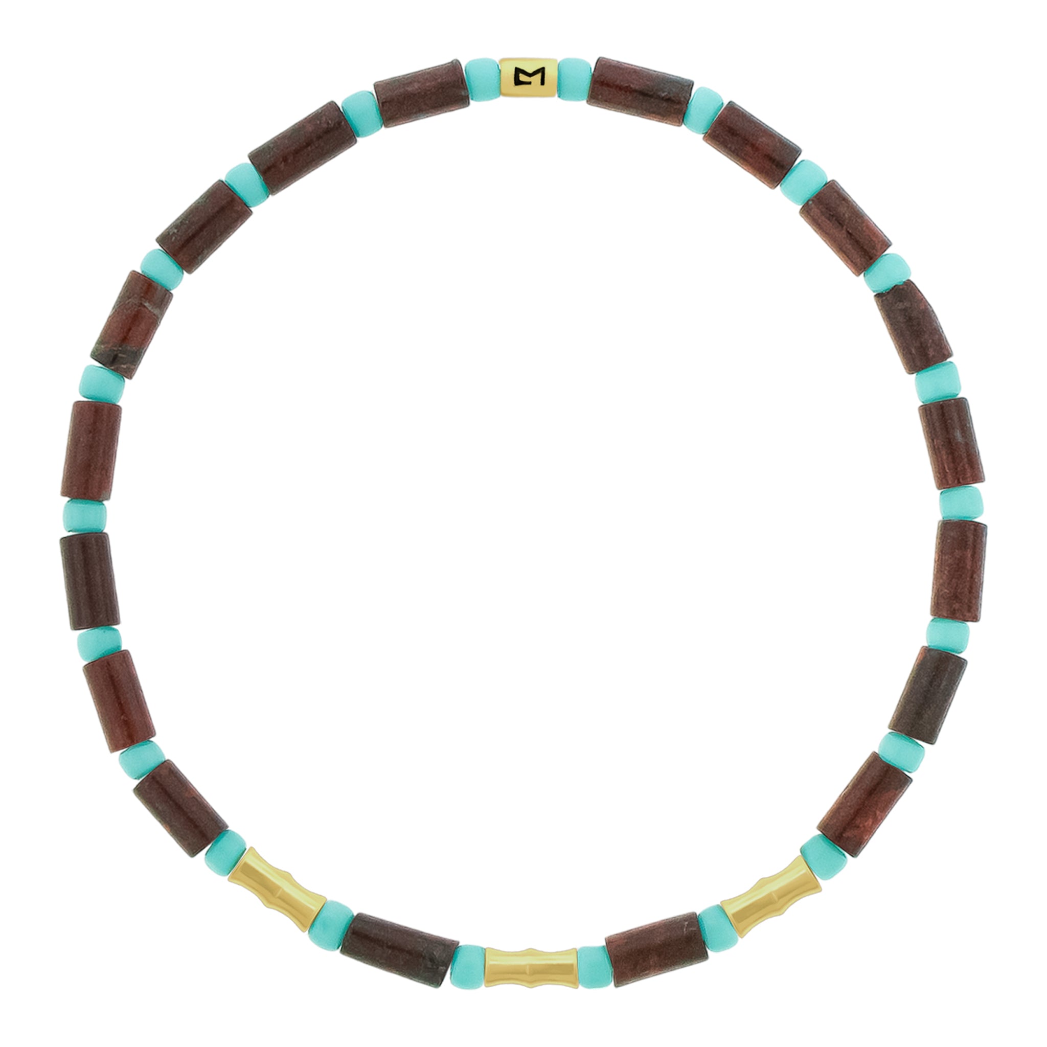 LUIS MORAIS 14k yellow gold mini Bamboo tubes and gold logo spacer on a gemstone and glass beaded bracelet. 