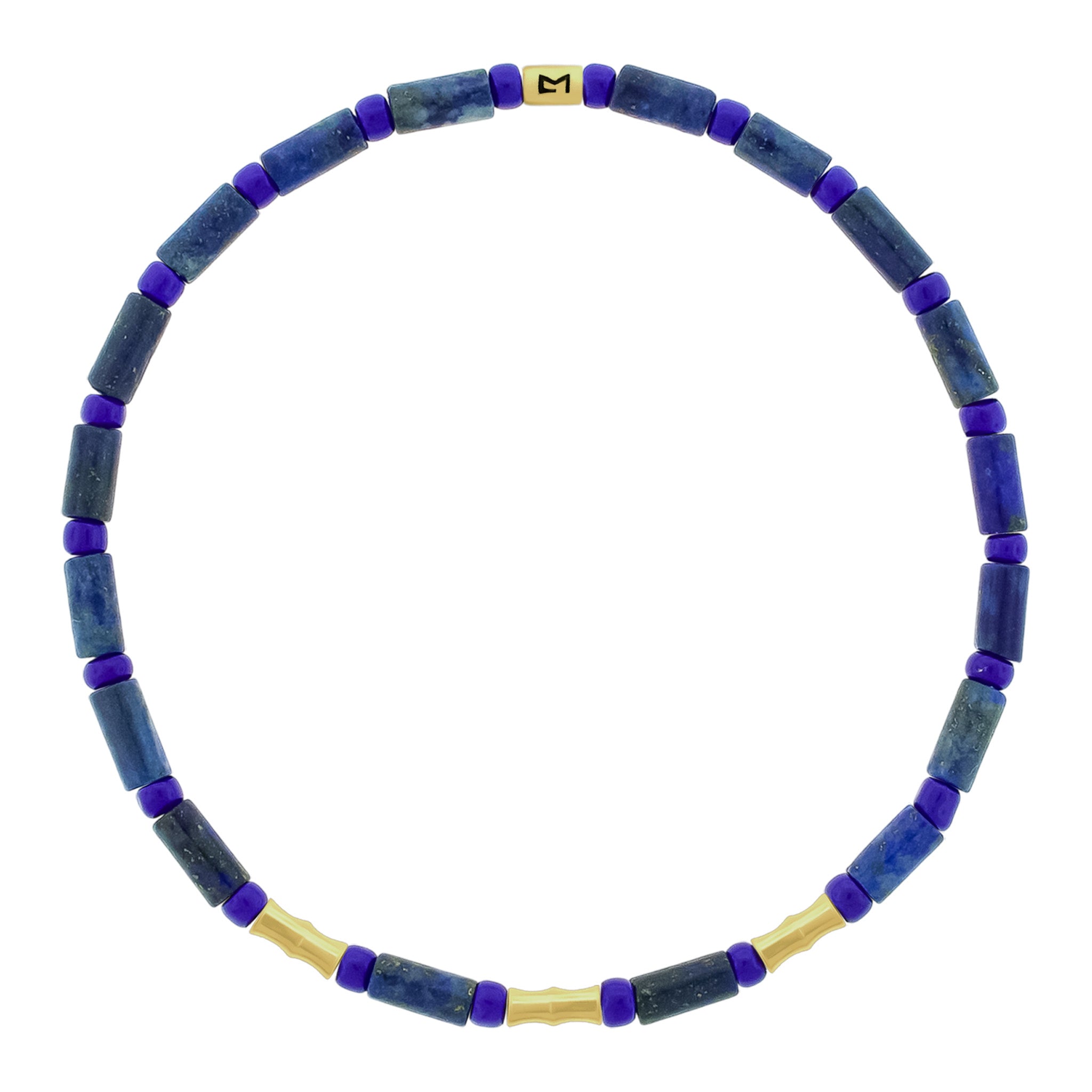 LUIS MORAIS 14k yellow gold mini Bamboo tubes and gold logo spacer on a gemstone and glass beaded bracelet. 