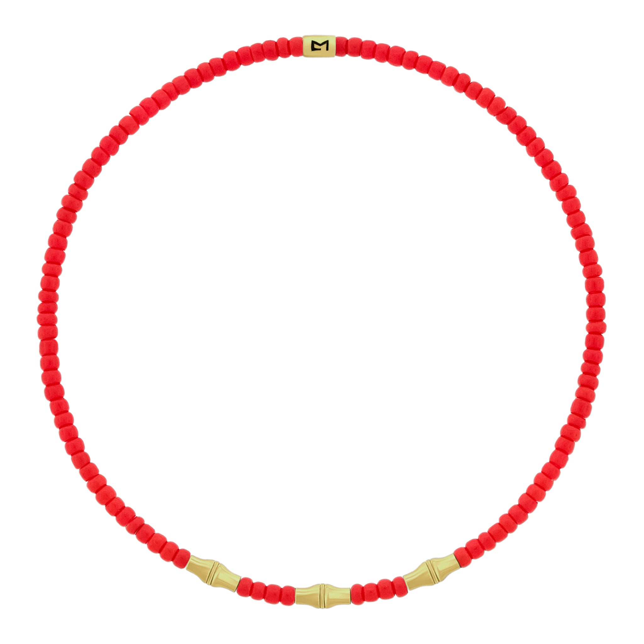 LUIS MORAIS glass beaded bracelet with three 14k yellow gold mini Canister Bamboo tubes and gold logo spacer. Bamboo symbolizes strength, resilience, and the ability to grow through adversity.