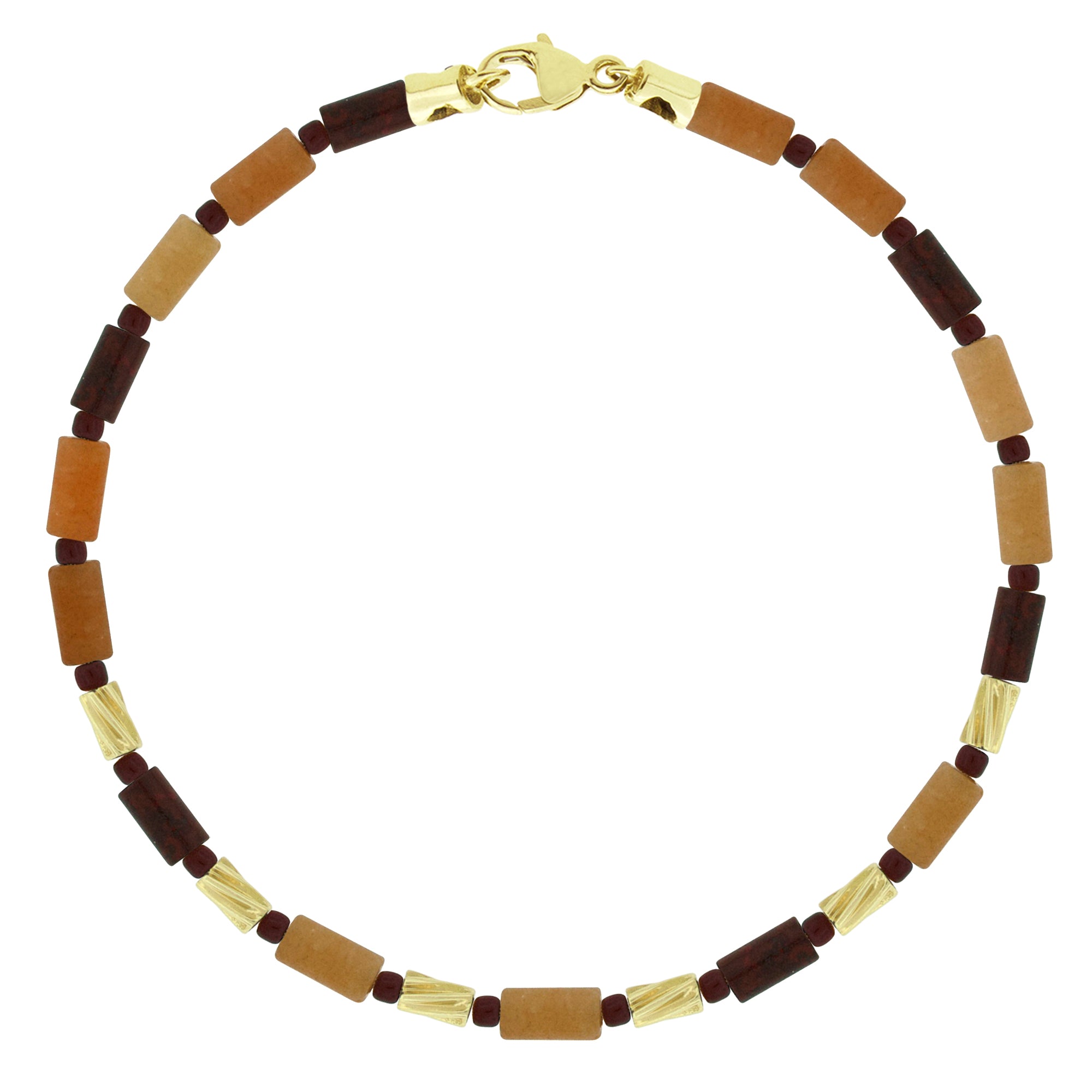 A beaded bracelet with a 14k yellow gold clasp, featuring polished gold finish mini drill bit designs and multicolored beads.