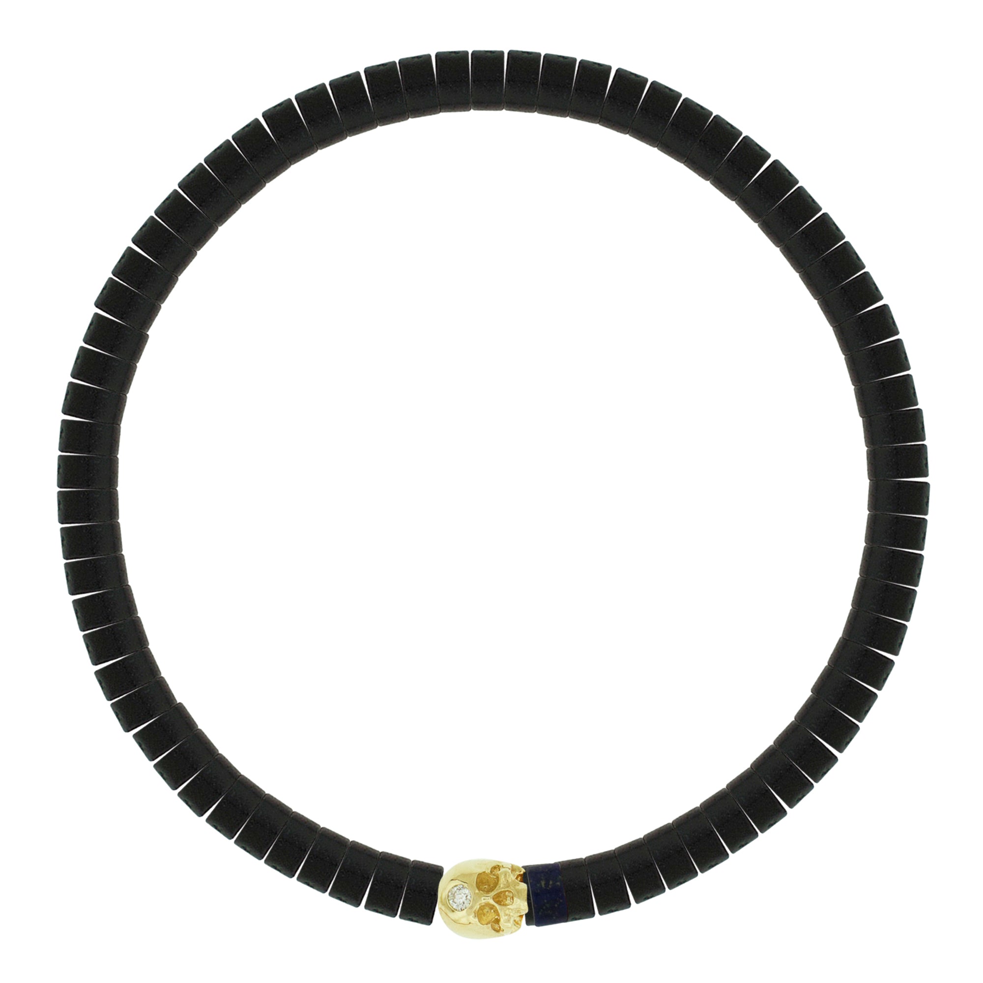 LUIS MORAIS 14k yellow gold half-skull with a white diamond on a gemstone beaded bracelet. The skull is adorned with a stone on the forehead, representing the Third Eye Chakra, which symbolizes intuition and spiritual insight.