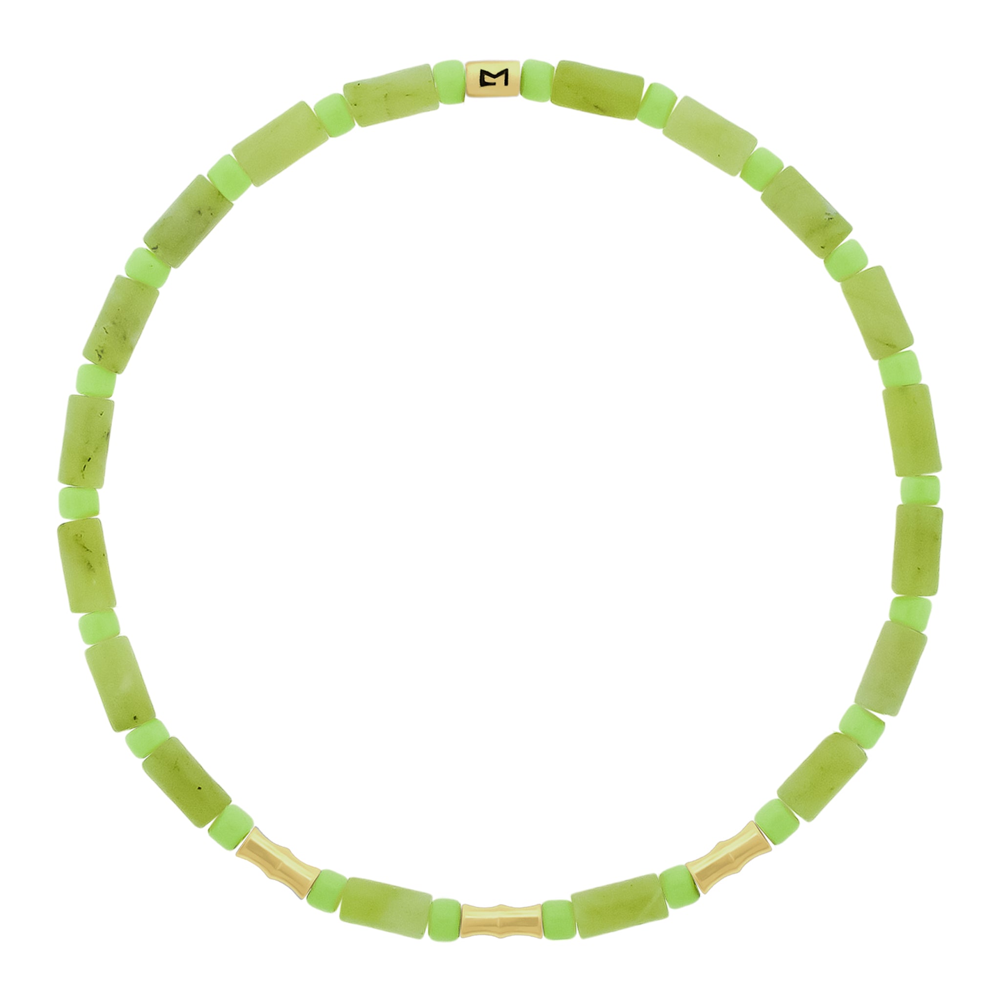 LUIS MORAIS 14k yellow gold mini Bamboo tubes and gold logo spacer on a gemstone and glass beaded bracelet. 