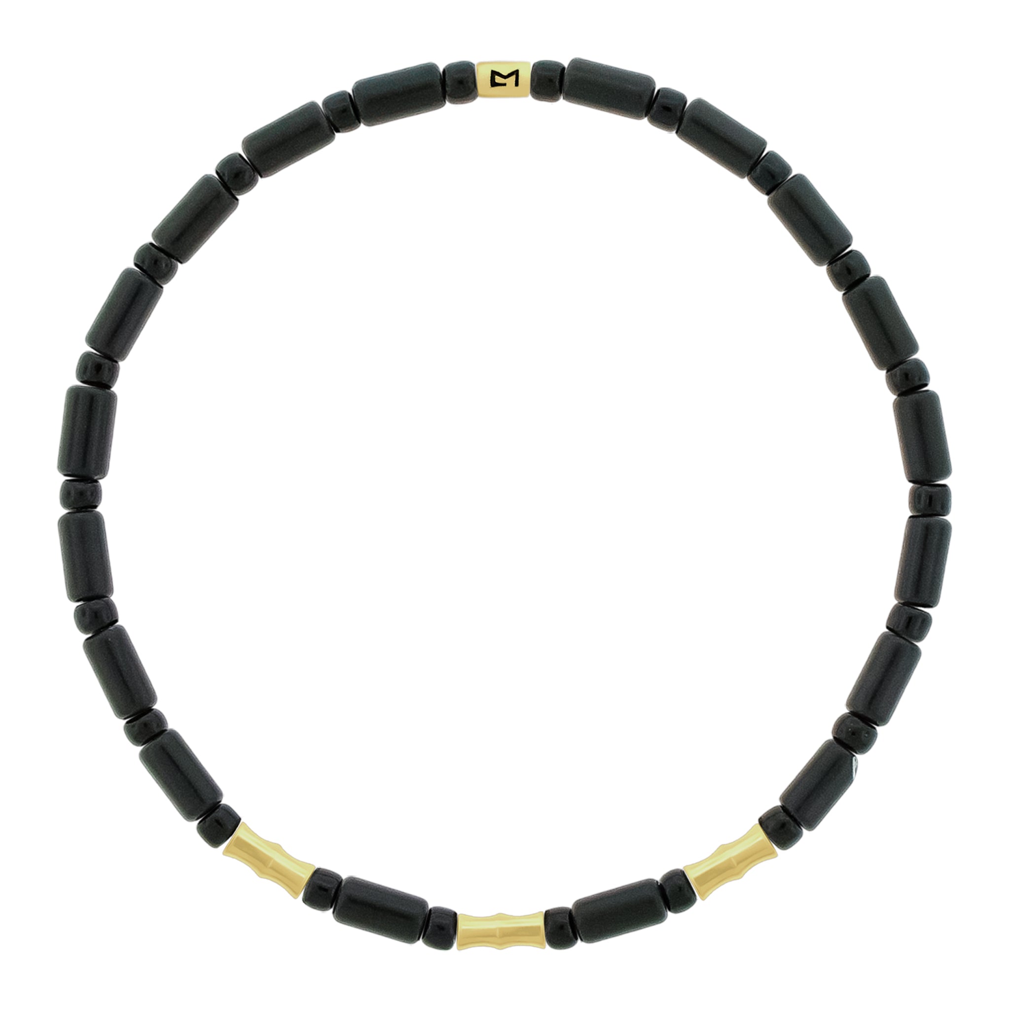 LUIS MORAIS 14k yellow gold Bamboo tube and gold logo spacer on a gemstone and glass beaded bracelet.