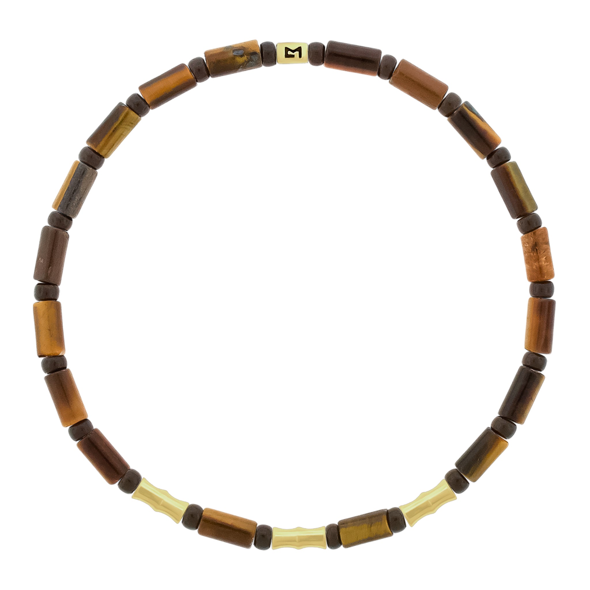 LUIS MORAIS 14k yellow gold mini Bamboo tubes and gold logo spacer on a gemstone and glass beaded bracelet. 