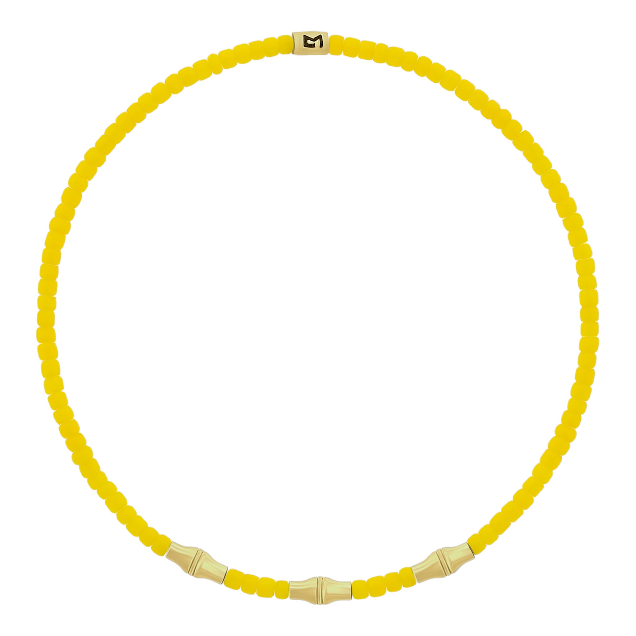 LUIS MORAIS glass beaded bracelet with three 14k yellow gold mini Canister Bamboo tubes and gold logo spacer. Bamboo symbolizes strength, resilience, and the ability to grow through adversity.