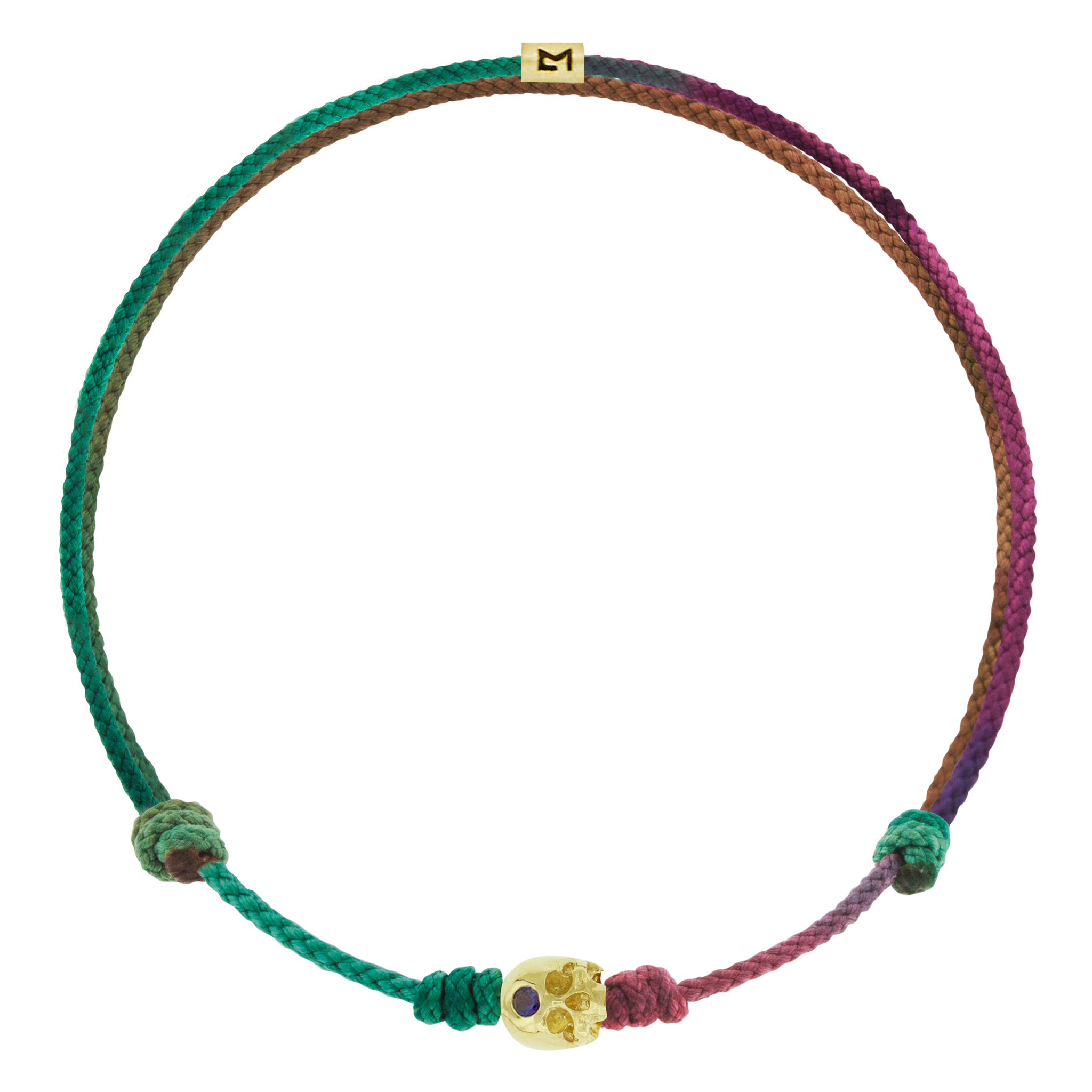 LUIS MORAIS 14k yellow gold half-skull with a blue sapphire on an adjustable cord bracelet. The skull is adorned with a stone on the forehead, representing the Third Eye Chakra, which symbolizes intuition and spiritual insight.
Polished gold finish
Moody Rainbow cord
Gold logo spacer 