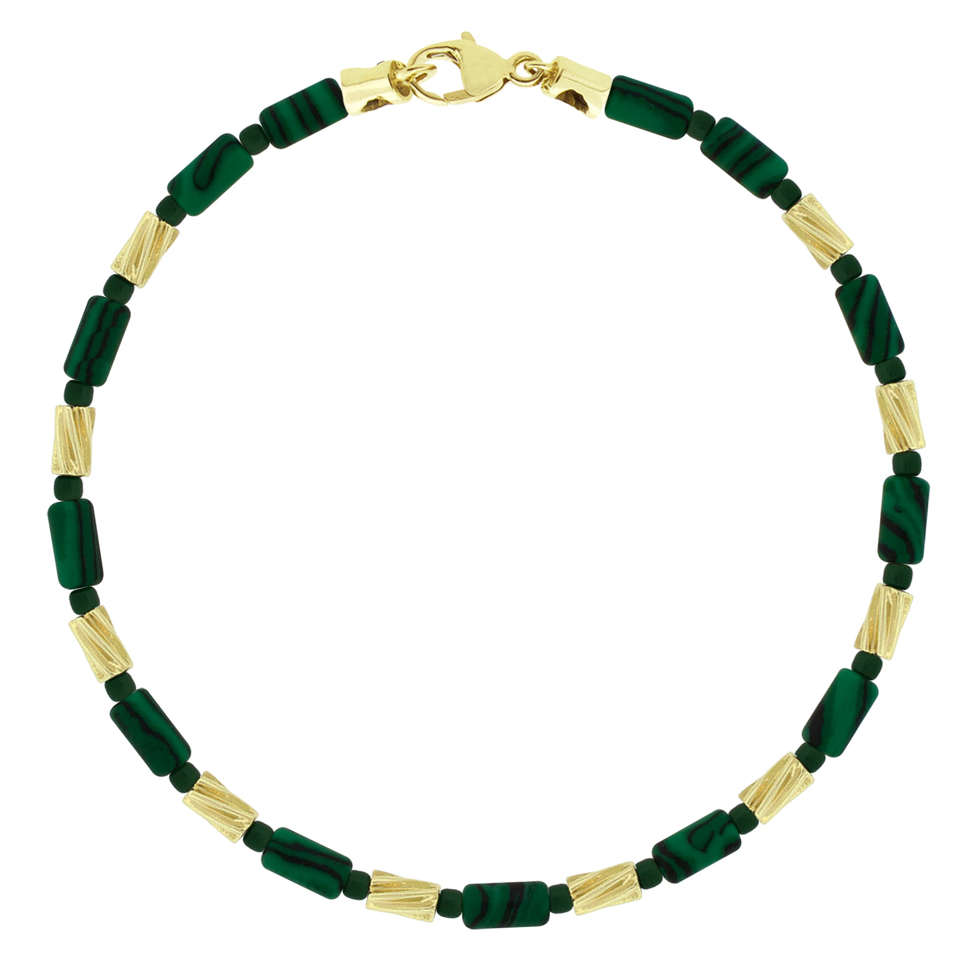 A gemstone beaded bracelet with 14k yellow gold clasp and green malachite beads, featuring mini gold drill bit designs.