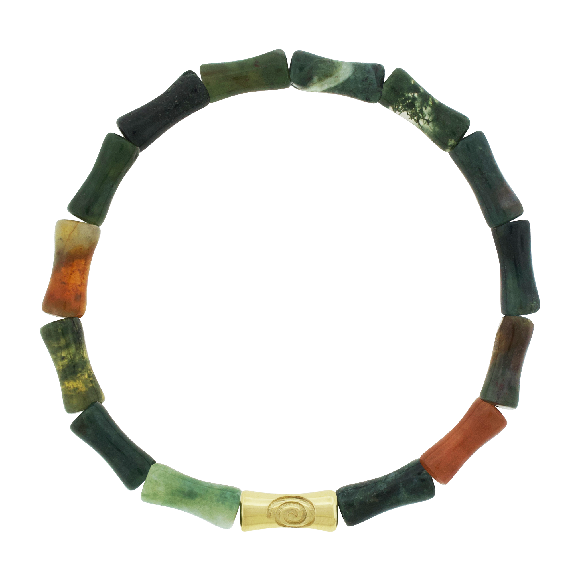 LUIS MORAIS 14k yellow gold single Sheath Bamboo tube with a recessed symbol on a gemstone beaded bracelet. The spiral symbolizes growth, evolution, and the journey of life. A timeless emblem of continuous transformation, it represents balance, expansion, and the path to deeper wisdom.