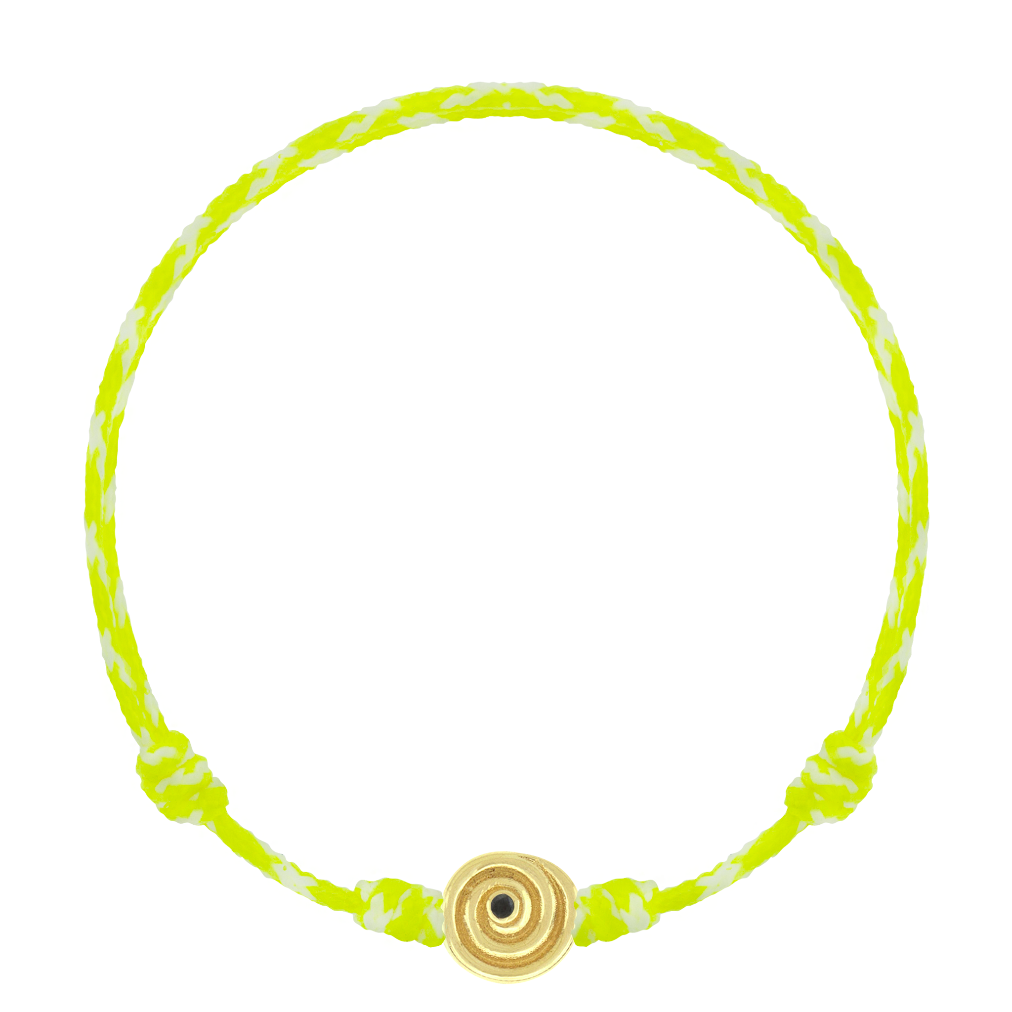 LUIS MORAIS 14k yellow gold spiral disk with a black diamond on an adjustable cord bracelet. The spiral symbolizes growth, evolution, and the journey of life. A timeless emblem of continuous transformation, it represents balance, expansion, and the path to deeper wisdom.