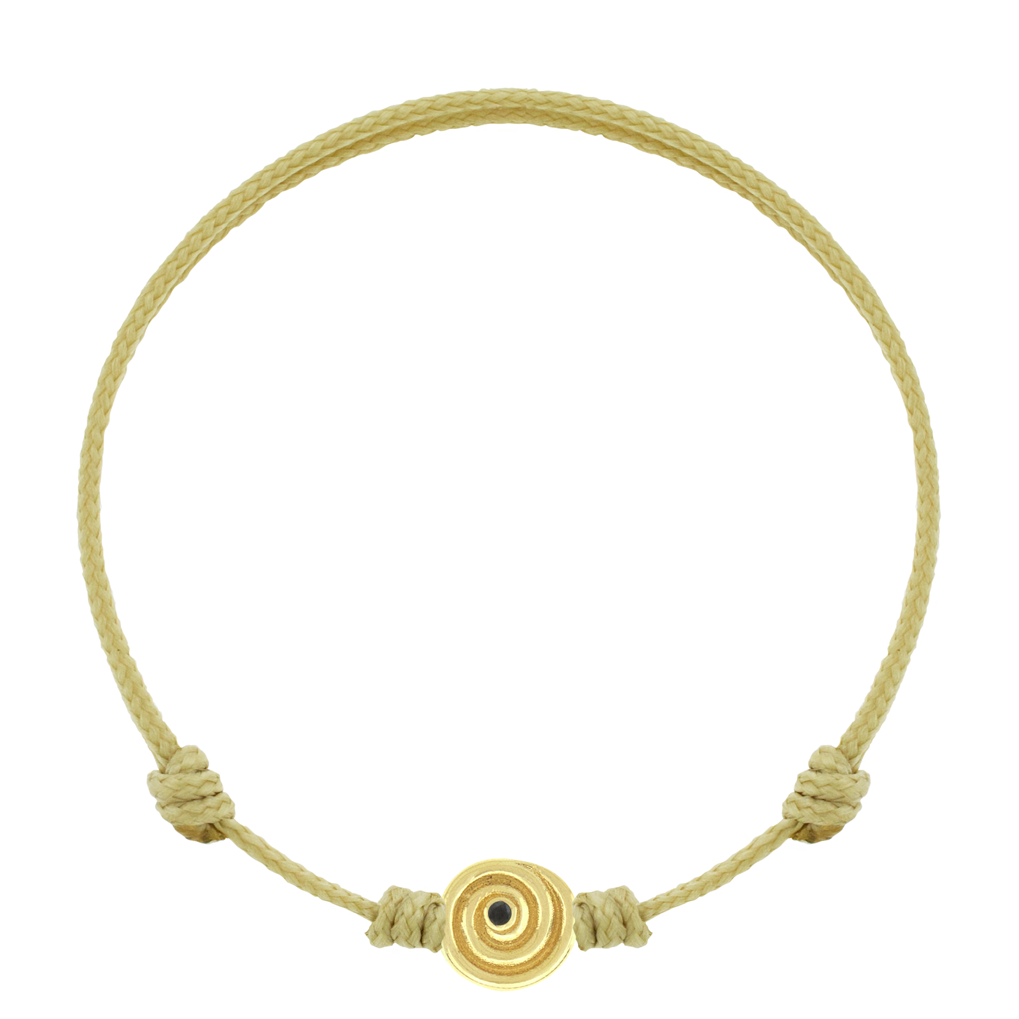 LUIS MORAIS 14k yellow gold spiral disk with a black diamond on an adjustable cord bracelet. The spiral symbolizes growth, evolution, and the journey of life. A timeless emblem of continuous transformation, it represents balance, expansion, and the path to deeper wisdom.