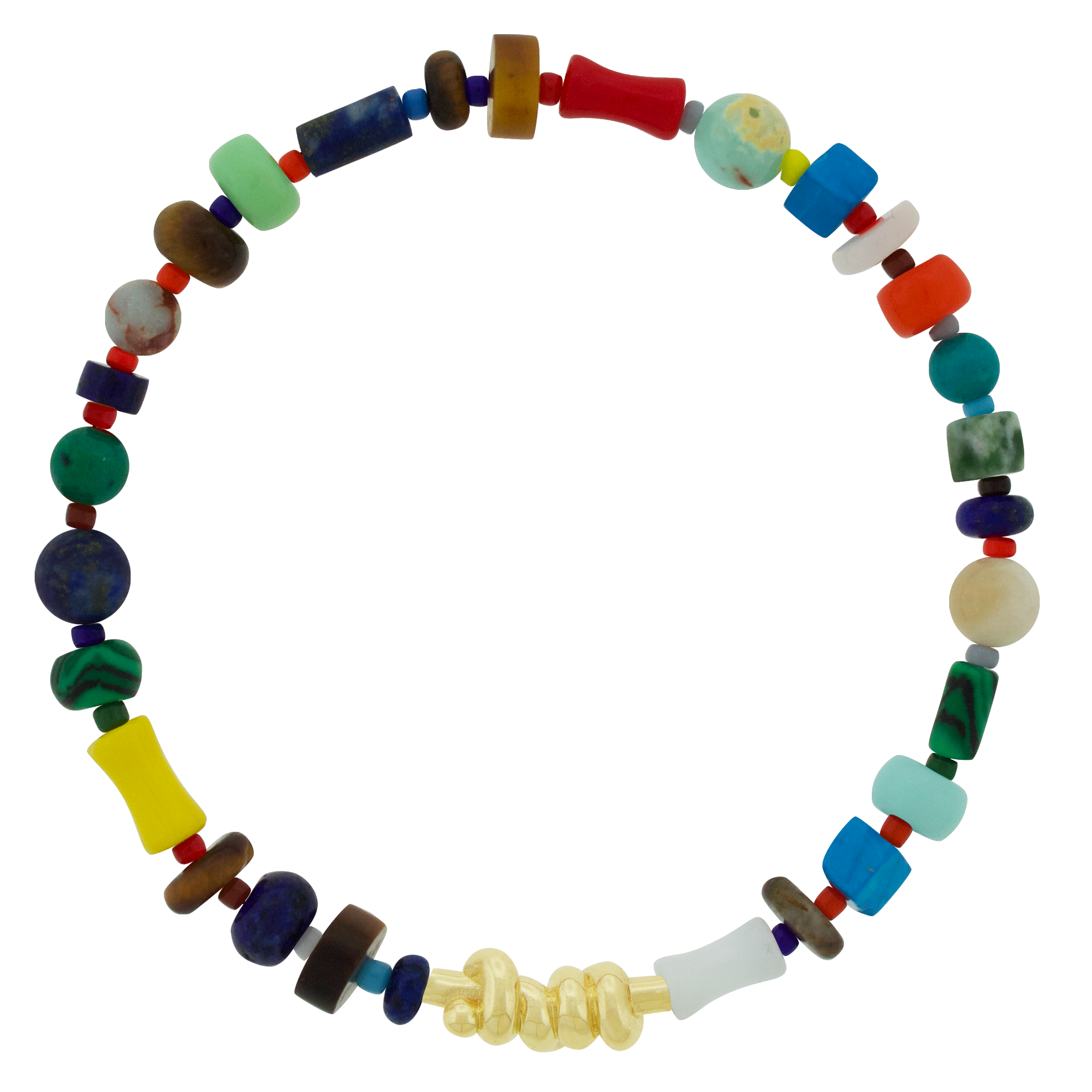 LUIS MORAIS 14k yellow gold Entangled Knot on a gemstone and glass beaded bracelet. This bracelet features an entangled knot, symbolizing the interconnectedness of life, love, and destiny. The design represents how our paths, though complex, are ultimately bound together in a shared journey. A meaningful reminder of the strength found in togetherness the bonds that hold us together.