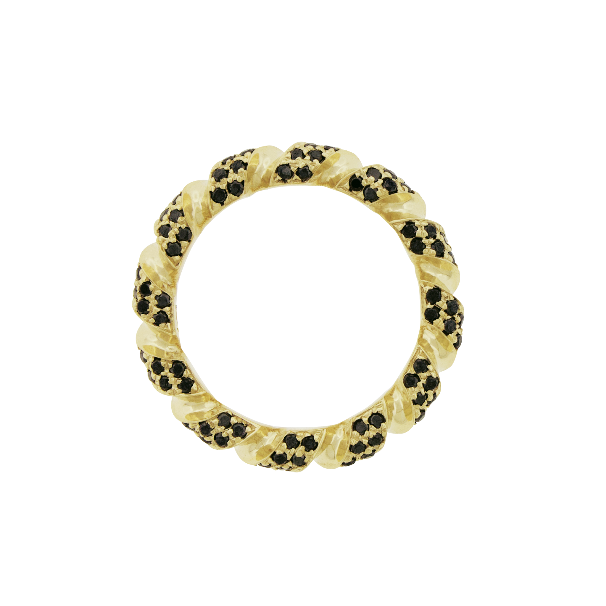 LUIS MORAIS 14k yellow gold drill bit band with black diamonds. The drill bit design is symbolic of digging deeper into oneself and life’s challenges. It represents resilience and the pursuit of discovery, encouraging the wearer to push through obstacles and uncover hidden truths.