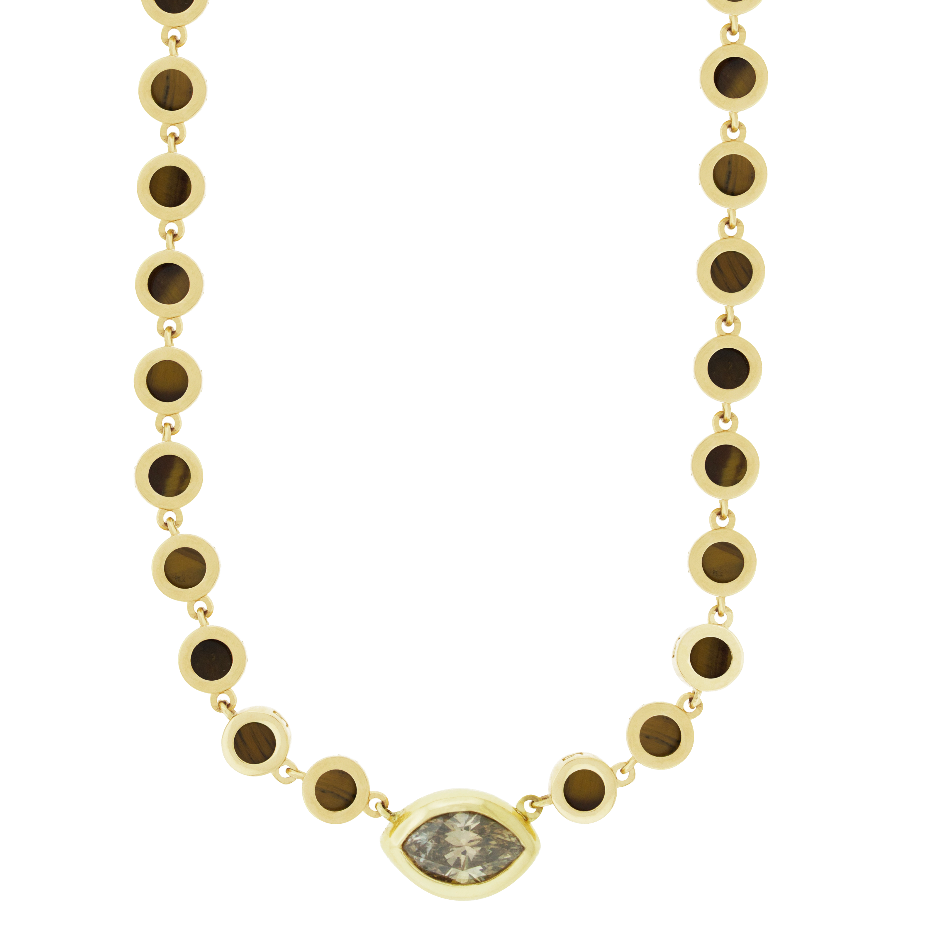 A 14k yellow gold chain necklace with round Tiger's Eye gemstones and a marquise diamond eye, featuring a unique clamshell clasp closure.