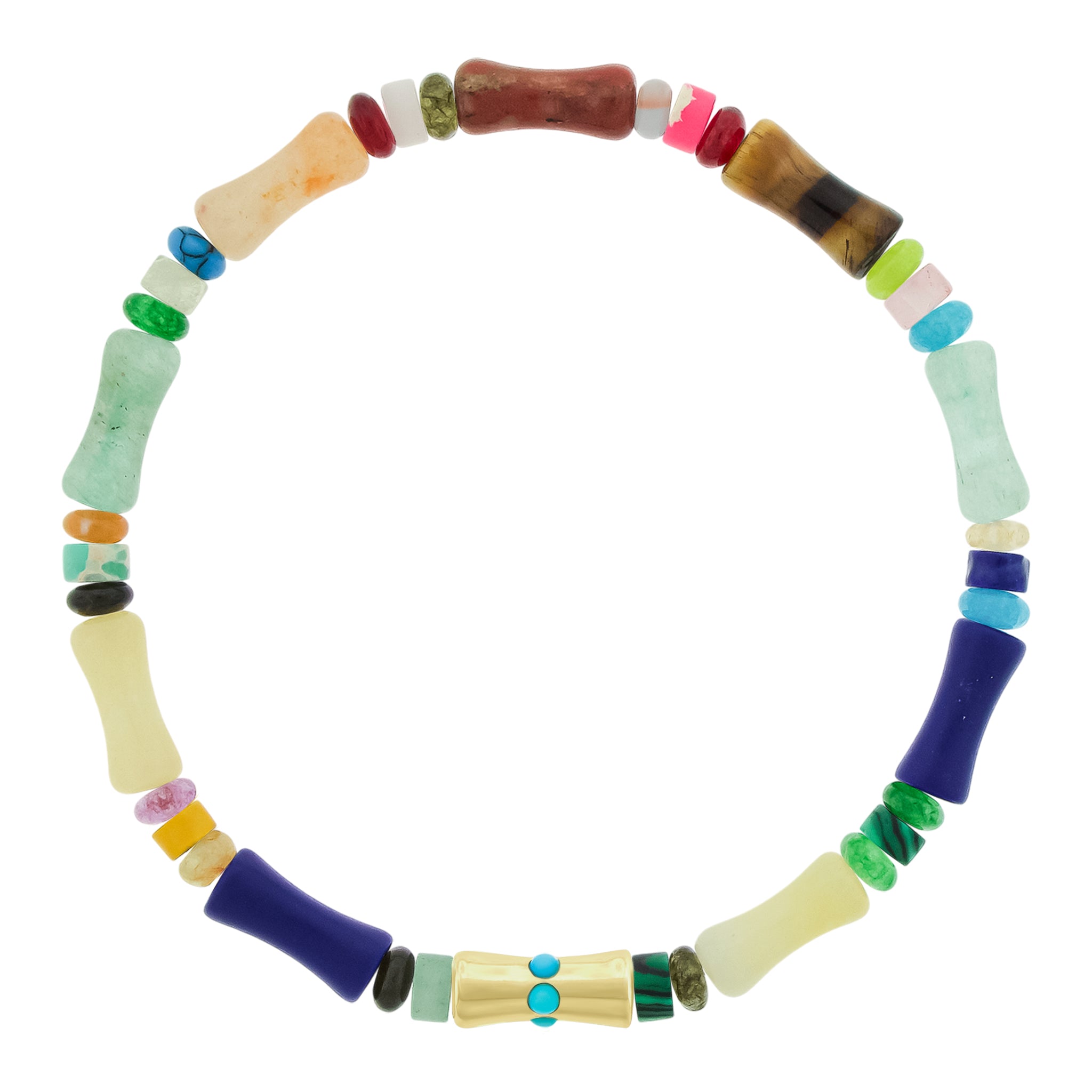 LUIS MORAIS 14k yellow gold single Sheath Bamboo tube with a line of round Turquoise gemstones on a gemstone beaded bracelet. Bamboo symbolizes strength, resilience, and the ability to grow through adversity.