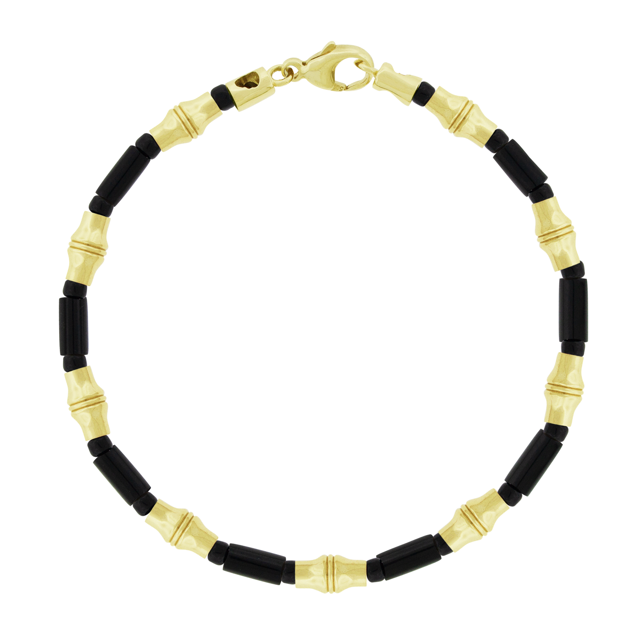 LUIS MORAIS gemstone and glass beaded bracelet with nine 14k yellow gold Canister Bamboo tubes with a lobster clasp closure. Bamboo symbolizes strength, resilience, and the ability to grow through adversity.
