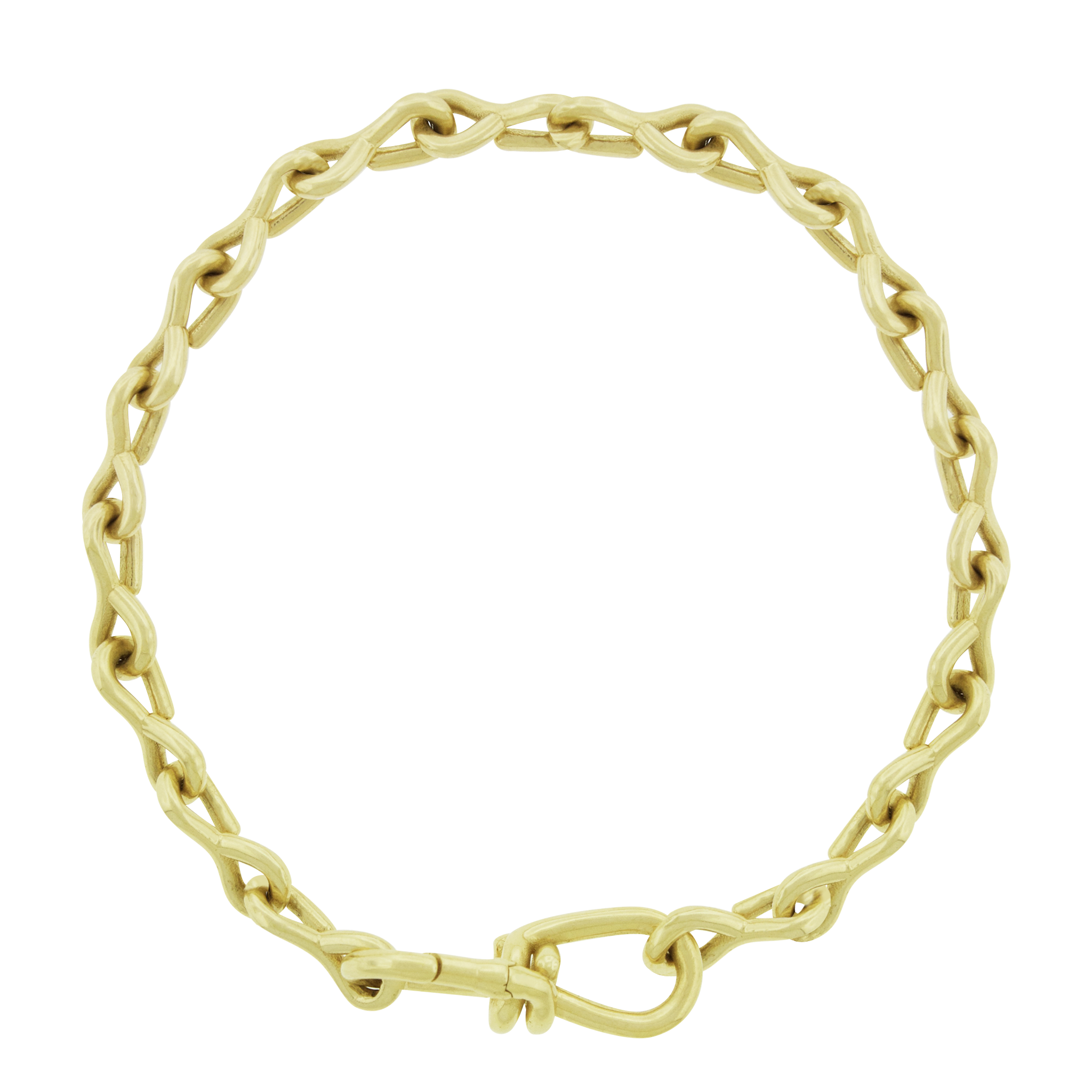LUIS MORAIS 14k yellow gold wire link chain bracelet features a unique twisted link design with a solid, polished finish. Finished with a secure hook clasp, it’s a versatile statement piece perfect for everyday wear or special occasions.